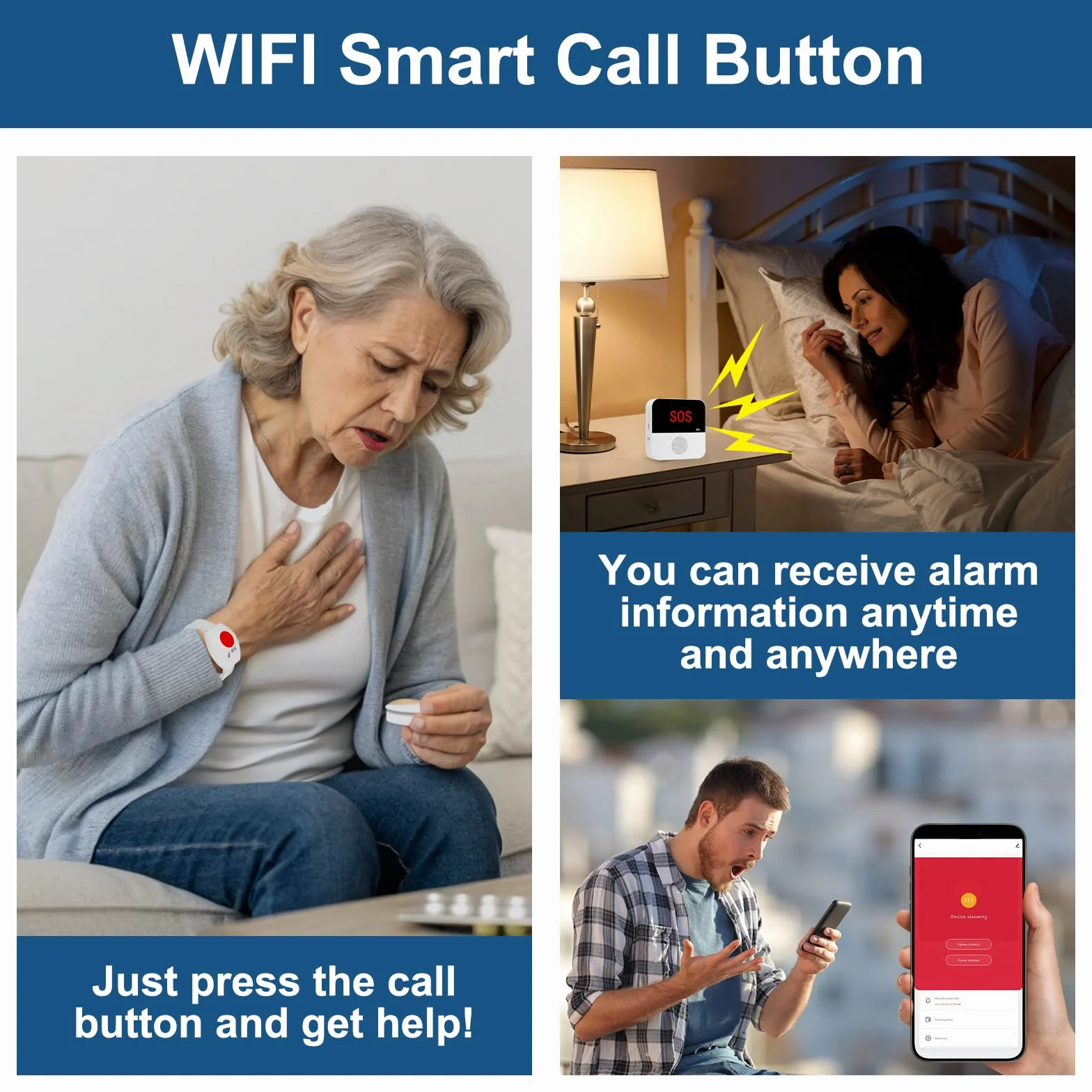Boton Emergencia Ancianos,Avisador Personas Mayores,WIFI Boton Llamada Emergencia para Pacientes/ Ancianos/ Niños/ Mujeres embarazadas (2 botones de llamada SOS 1 receptor)