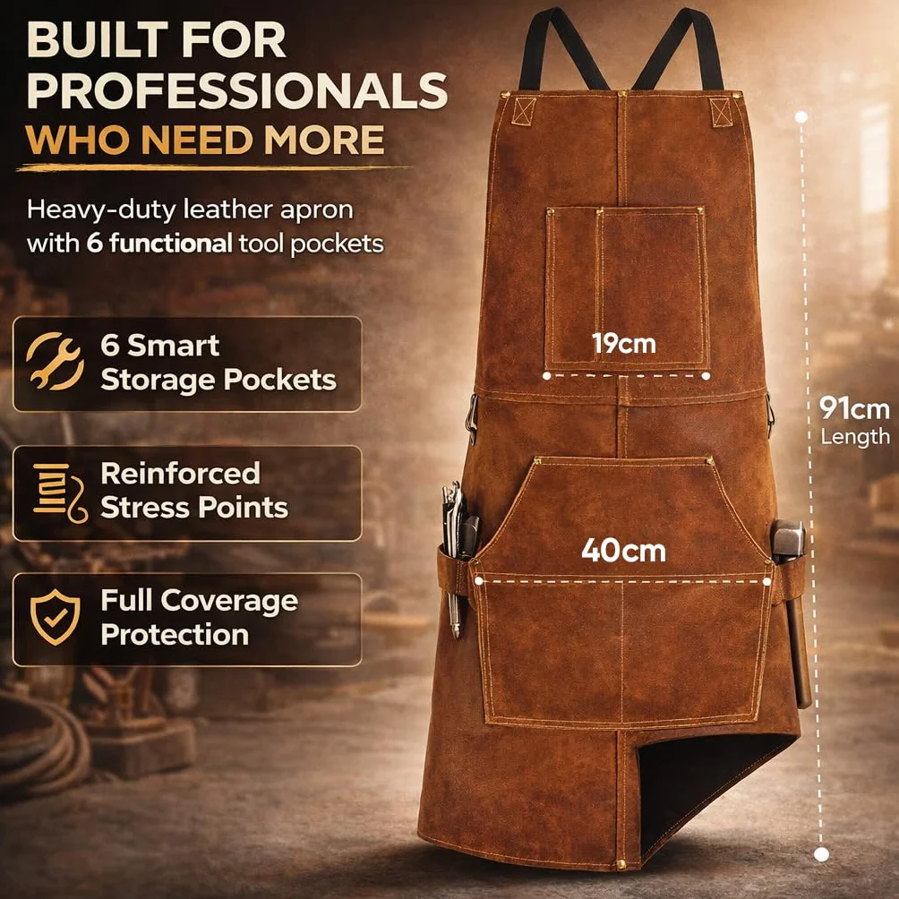 BWOLF Smith Mandil Soldador Delantal Carpintero Delantal Cuero con Pechera Resistente al Calor Delantal de Soldadura Ajustable