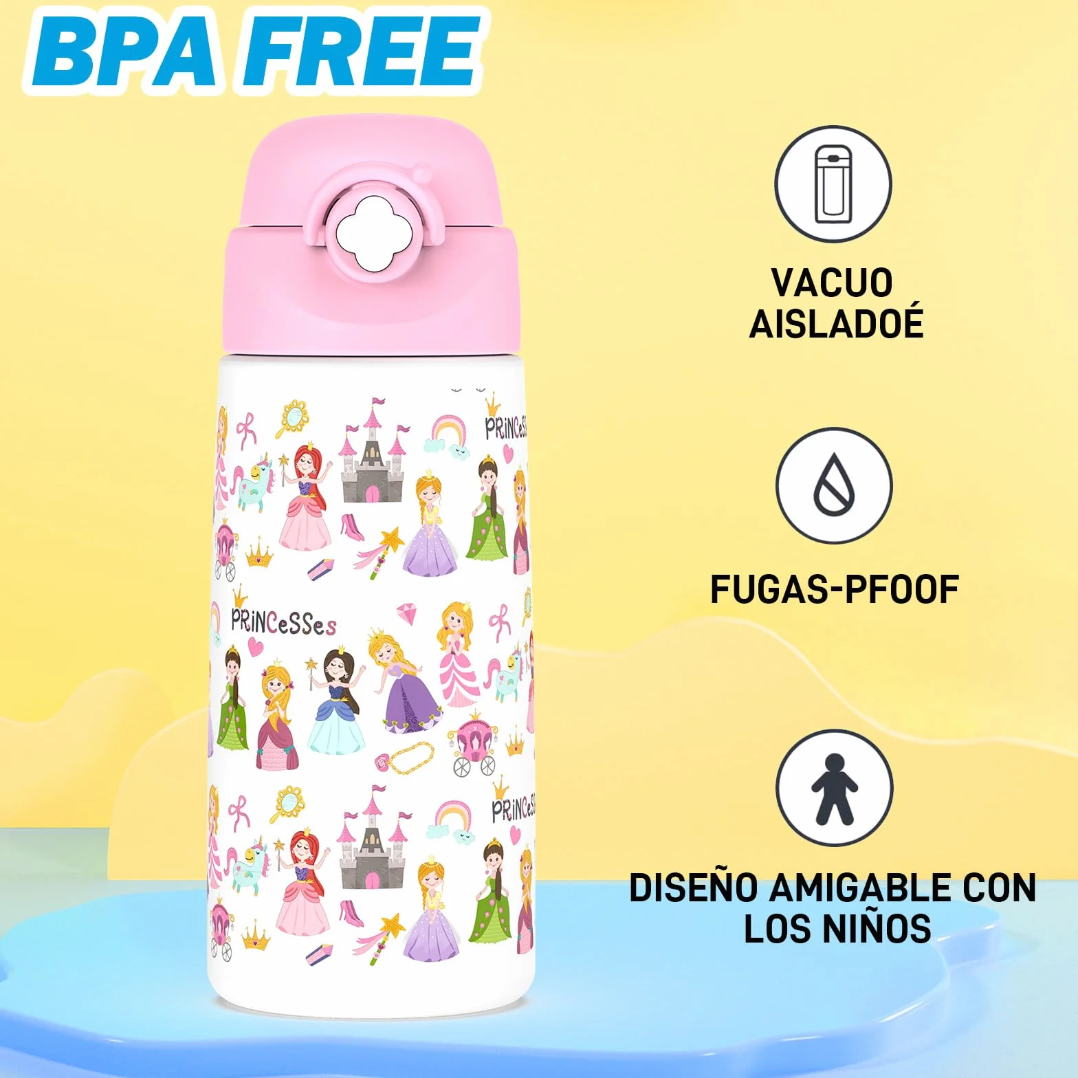 Botella De Agua Aislada Para Niños Con Pajita Desplegable,500 Ml,taza Infantil De Acero Inoxidable,a Prueba De Fugas-sin Bpa,para La Escuela,niñas（Princesa）
