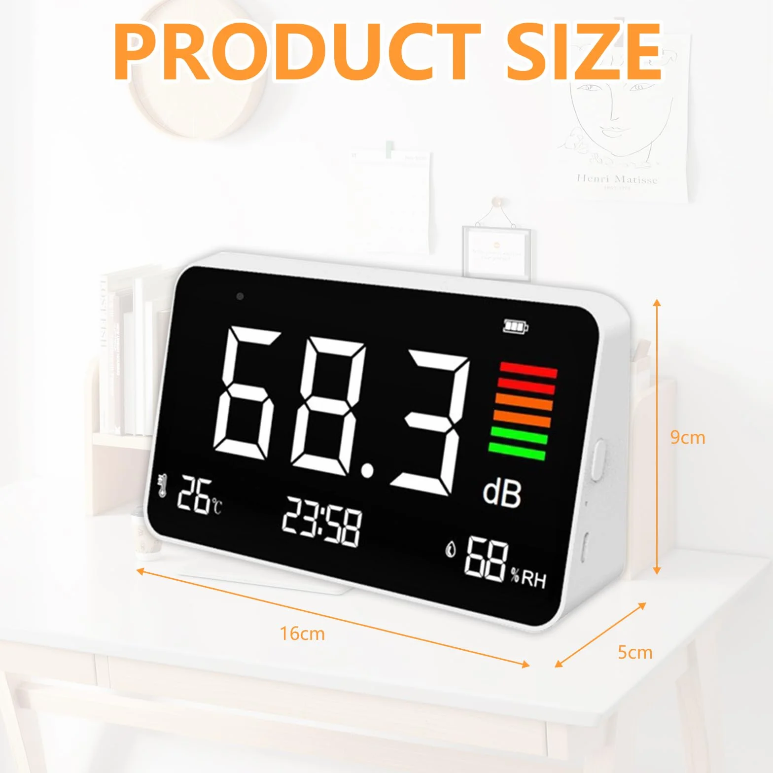 Sonometro, Medidor de Decibelios con Pantalla LCD, Reloj Detección de Temperatura y Medidor de Humedad, Medidor de Nivel de Sonido Digital de 30 a 130 dB para Casa, Escuela, Hospital