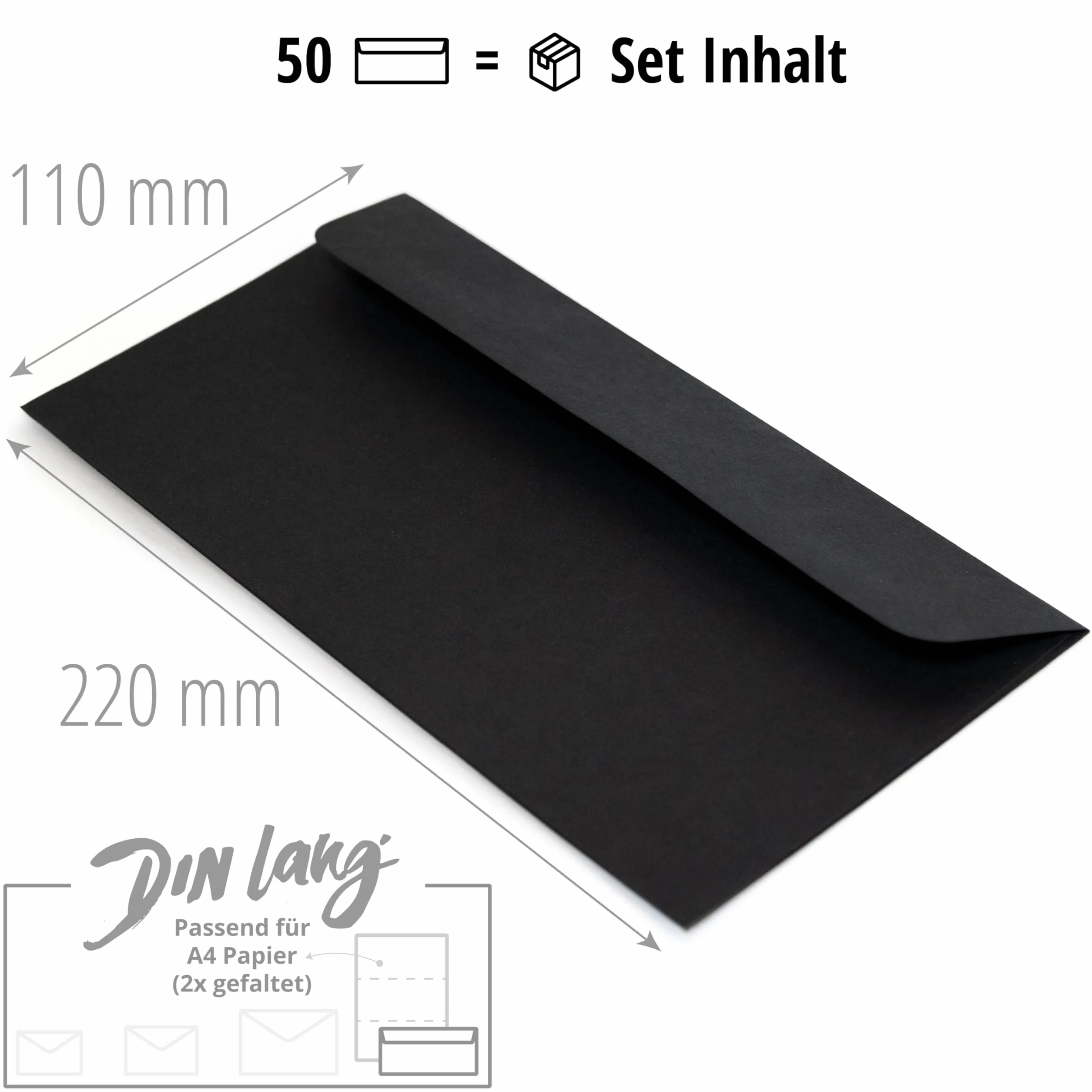 Japun - sobres (50 piezas) de papel, sobre sin ventana - DIN largo - 220x110 mm - negro