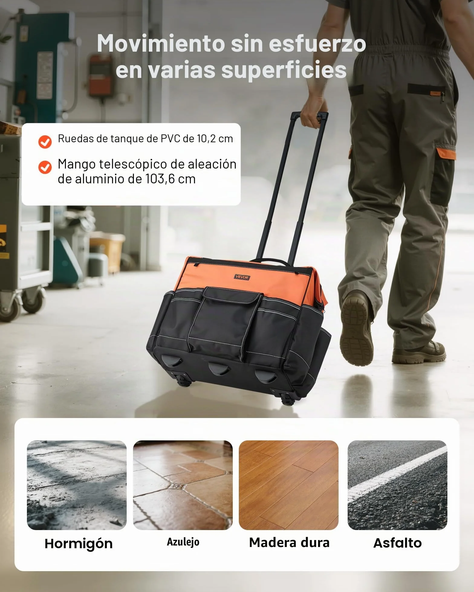 VEVOR Mochila con Ruedas de 510 x 310 x 450 mm Capacidad de Carga de 50 kg, Mochila de Herramientas Resistente con 27 Bolsillos, Asa Telescópica Ajustable y Base Estable para Construcción y Mecánico