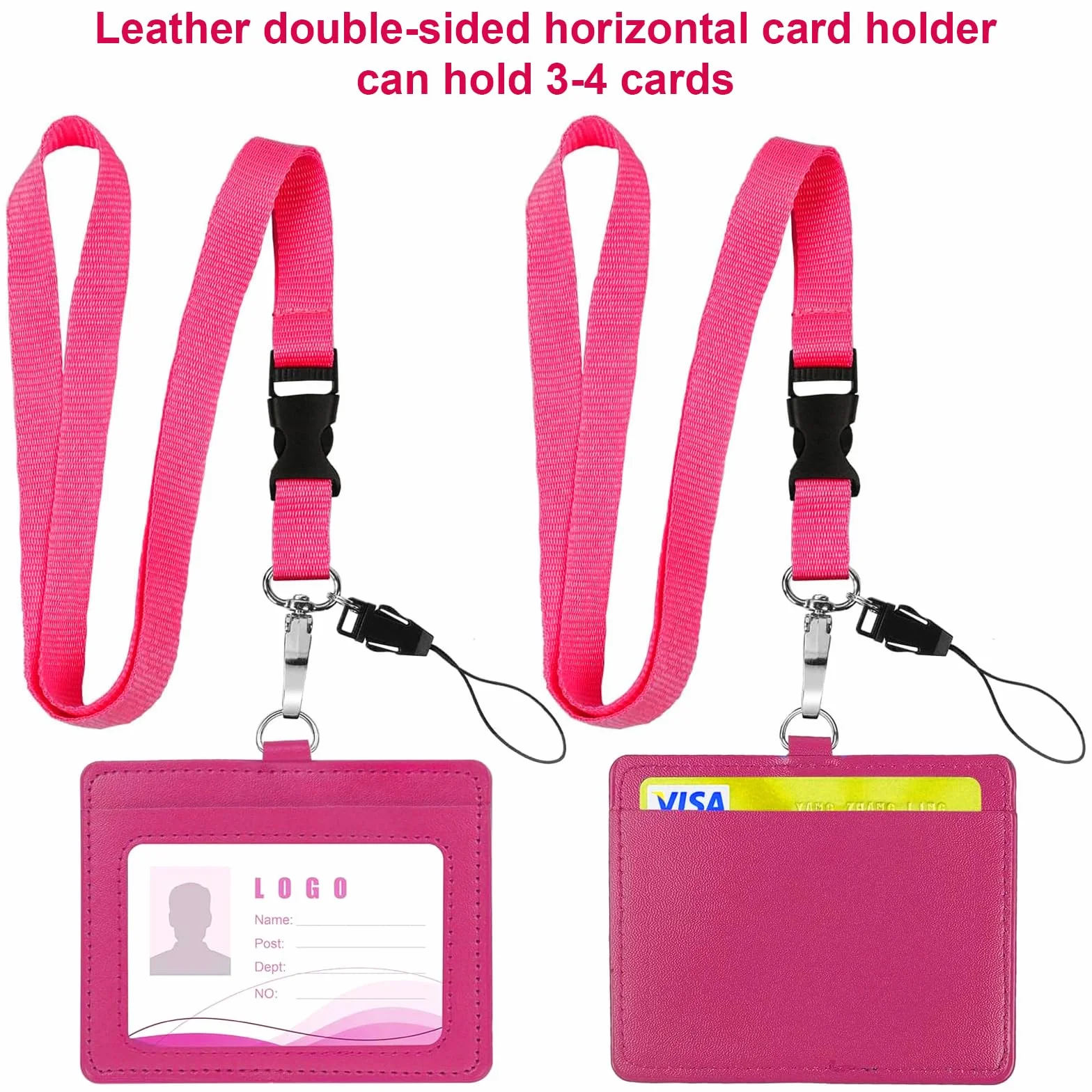 Vicloon Cordón para el Cuello con Colgantes de Tarjetas de Identificación, Id Card Badge Holder de Cuero, Doble Cara, Rosa Roja