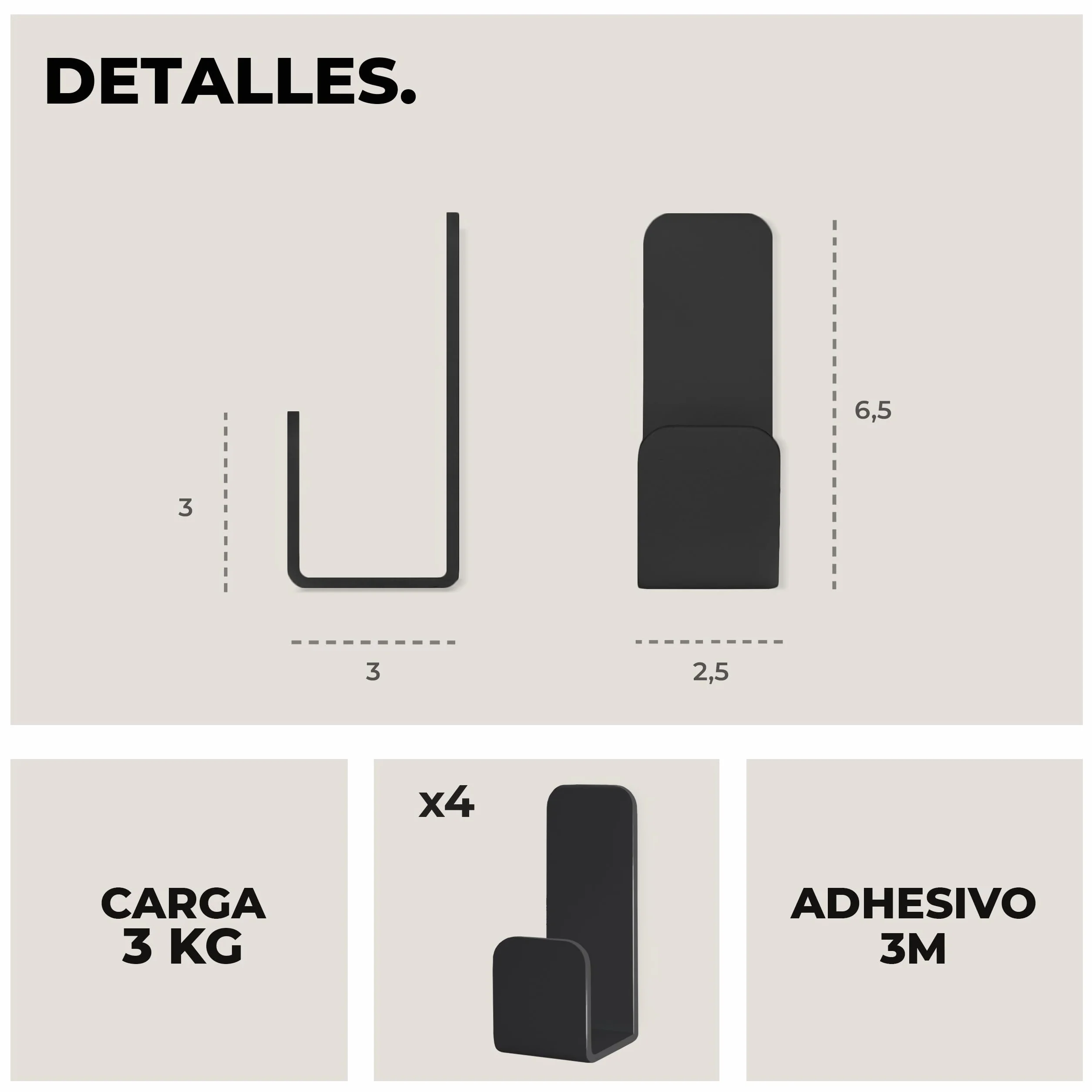 Pack 4 Ganchos Adhesivos para Pared | Colgadores Adhesivos Resistentes | Colgador Toalla Baño sin Taladro | Percha Baño, Dormitorio y Cocina | Negro Mate