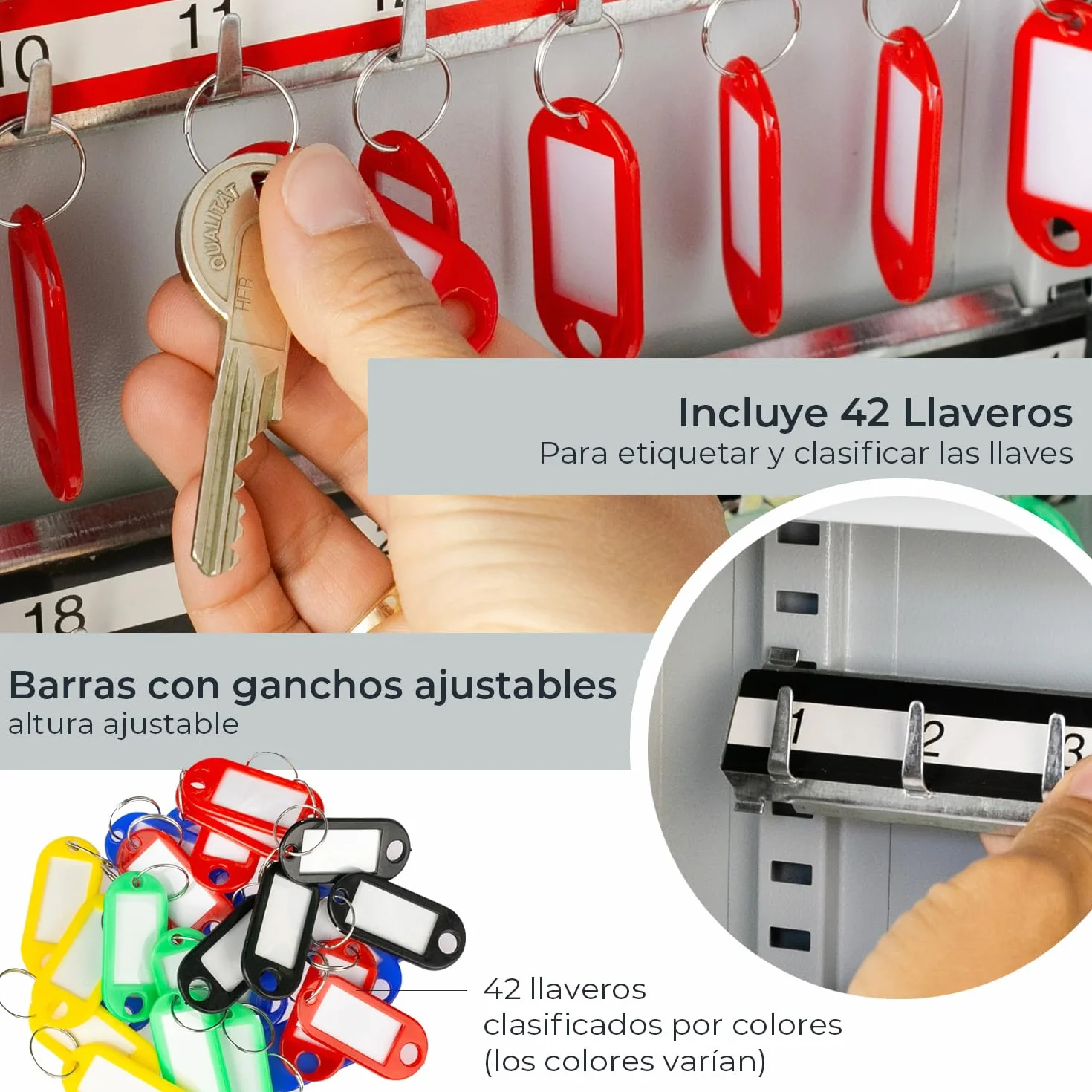 HMF 13642-07 Armario para llaves con código numérico, caja para llaves grande, 42 ganchos, 35 x 27 x 8 cm, gris claro