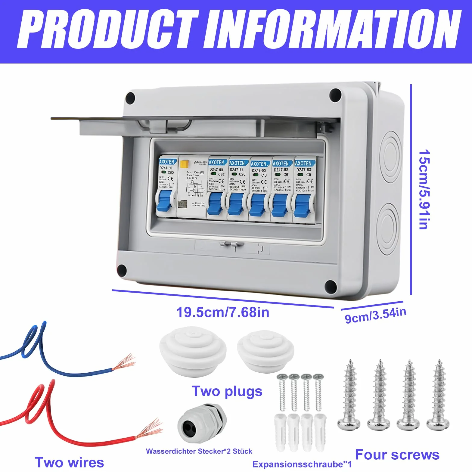 Caja de fusibles, resistente al polvo, IP65: disyuntor Nizirioo 63A con línea, interruptor de aire 2 x 6A+10A+20A+32A, distribuidor pequeño para jardín exterior