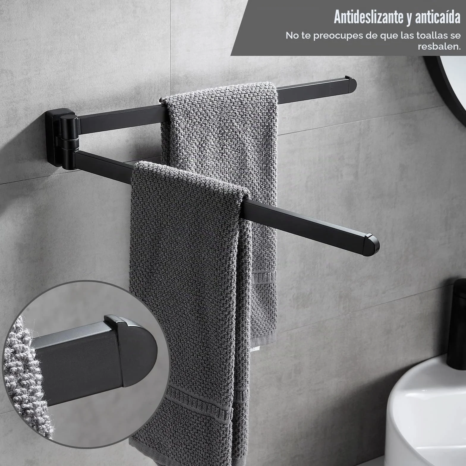 BGL Toallero Giratorio Negro, Organizador de Almacenamiento, Ahorro de Espacio, Soporte de Toalla de Pared Doble Giratorio para baño
