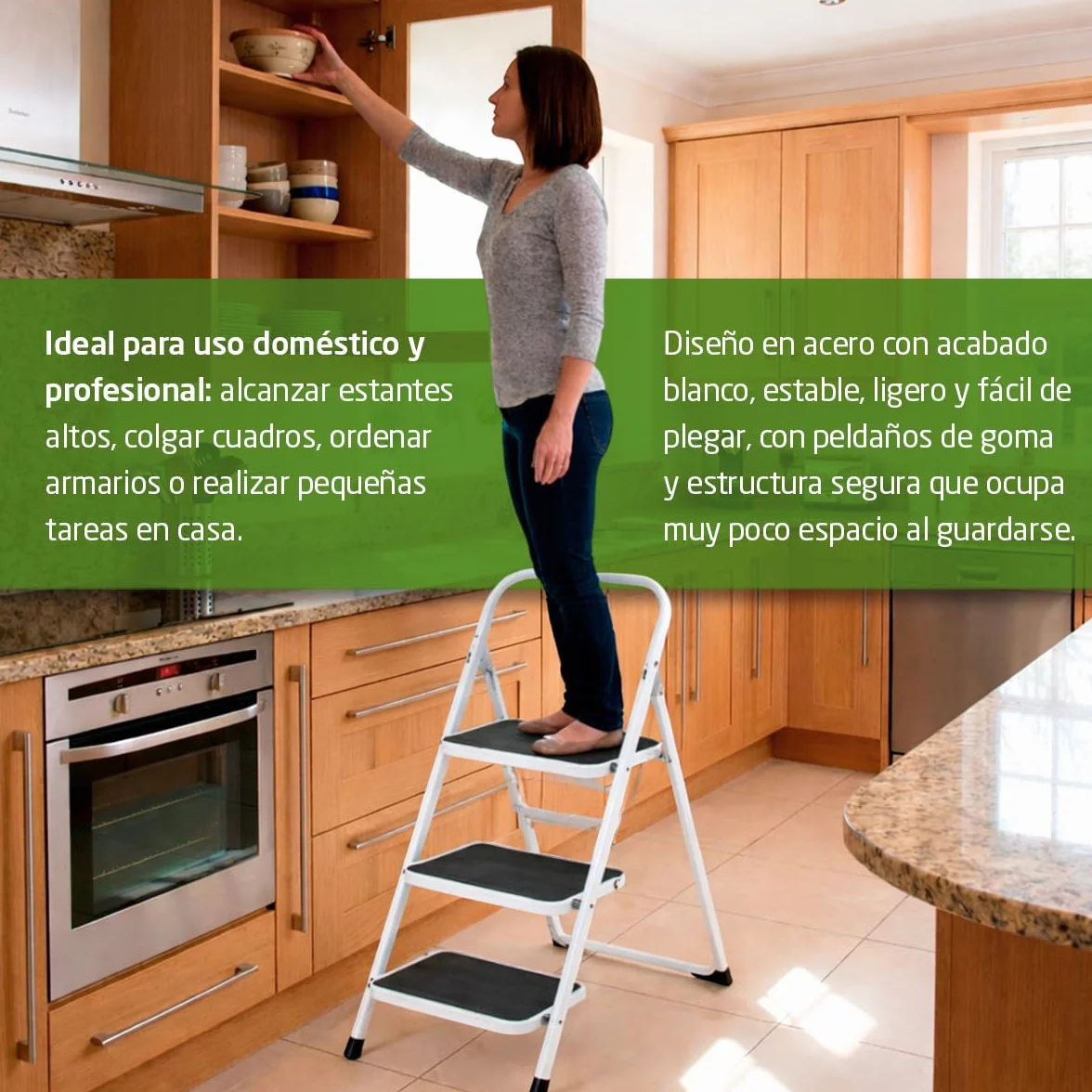 Amig - Escalera Plegable - Taburete de Acero con 3 Peldaños Antideslizantes – Medidas: 72 x 65 x 101 cm - 150 kg - Acabado Blanco con Protectores Negros – para Uso Profesional y Doméstico