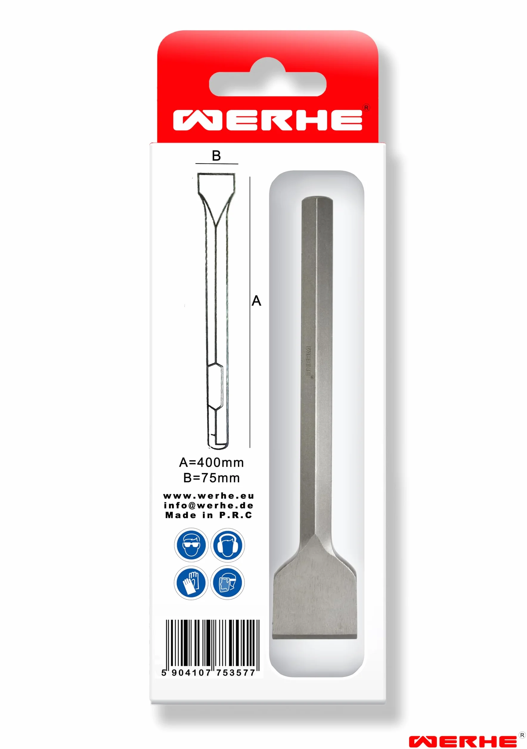 WERHE® Cincel de pala profesional HEX28 75 x 400 mm – Cincel plano para martillo de demolición – Acero para herramientas robusto
