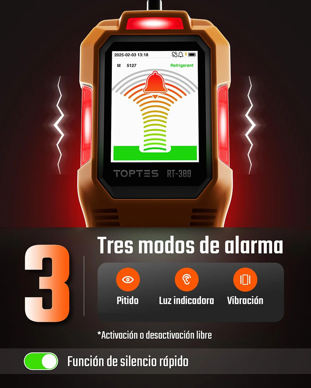 TOPTES RT-389 Detector de Fugas de Refrigerante Recargable, 3 Modos de Sensibilidad, Freón, CFC HCFC HFC HFO HC, Naranja