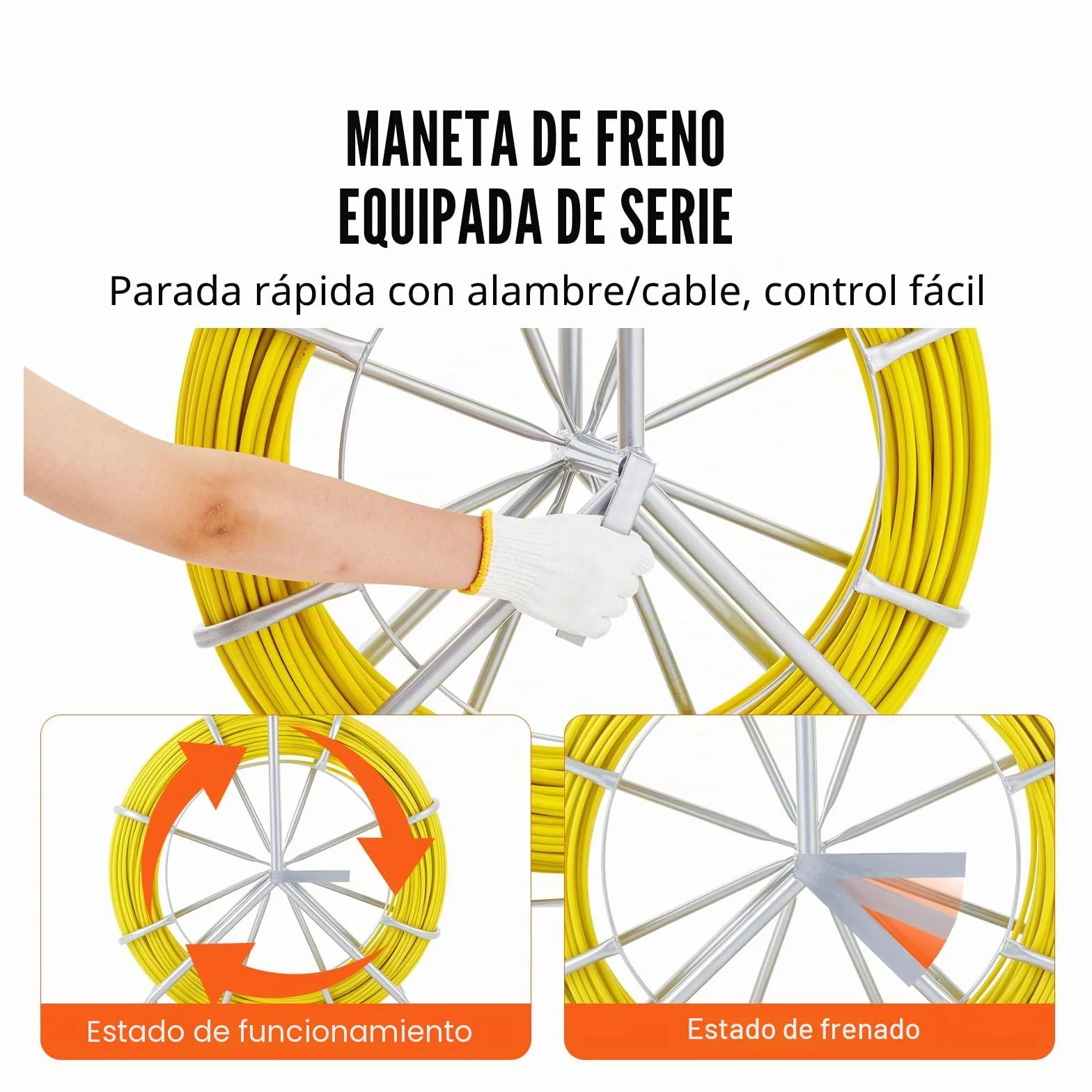 VEVOR Cinta de Fibra de Vidrio Longitud de 129,5 m 6,35 mm Tirando de Aguja Electricista de Alambre de Cable Eléctrico Extractor de Conducto Carrete de Acero de Apoyo 3 Cabezas de Tracción para Pared