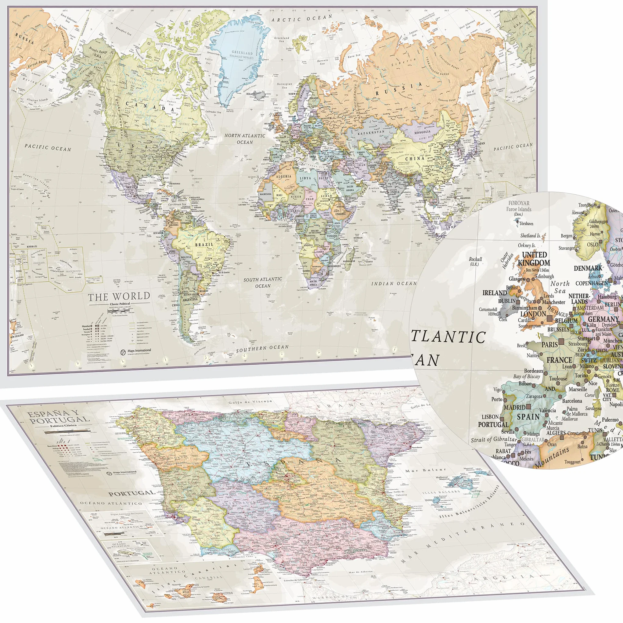 Póster del Mapa Mundi + REGALADO: Un Mapa de España y Portugal | Diseñando Mapas para 50 años | Maps International - Detalles Cartográficos |Colores clásicos