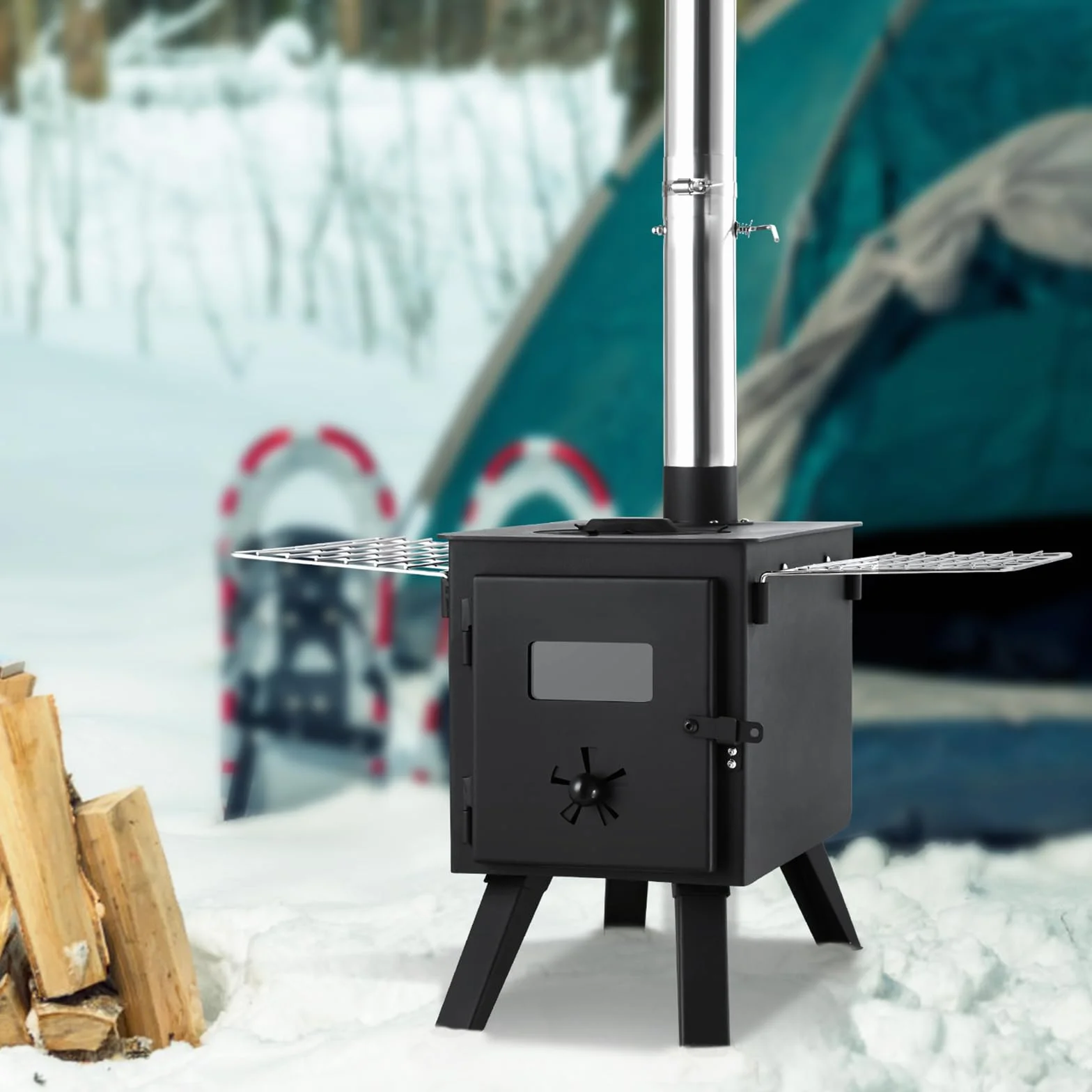 VEVOR Estufa de Leña Portátil para Tienda de Campaña Acero Aleación 8 Tubos Chimenea Guantes 394 x 608 x 425 mm