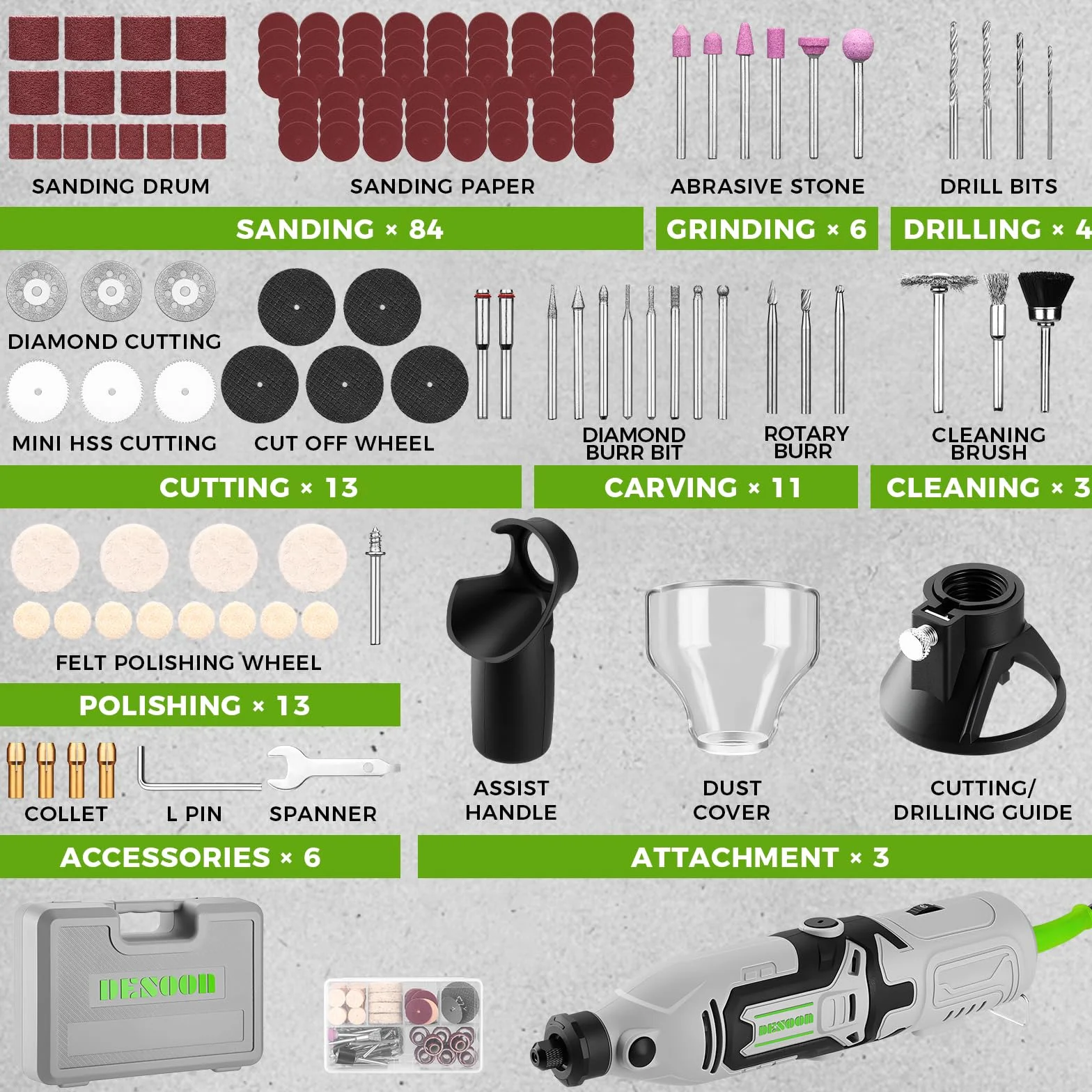 DESOON Mini Amoladora, Herramienta Multifunción de 170 W, Juego con 145 Accesorios, 6 Velocidades, 38.000 rpm, Mandril 3,2 mm, para Grabar, Taladrar, Cortar y Lijar