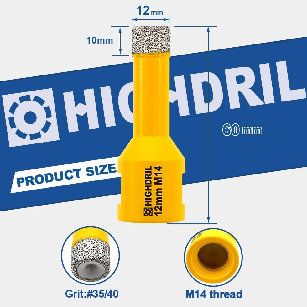 HIGHDRIL Broca de diamante - 12mm con rosca M14 Taladrado en seco para azulejos de porcelana Cerámica Granito Mármol Piedra Mampostería Ladrillo para amoladoras angulares