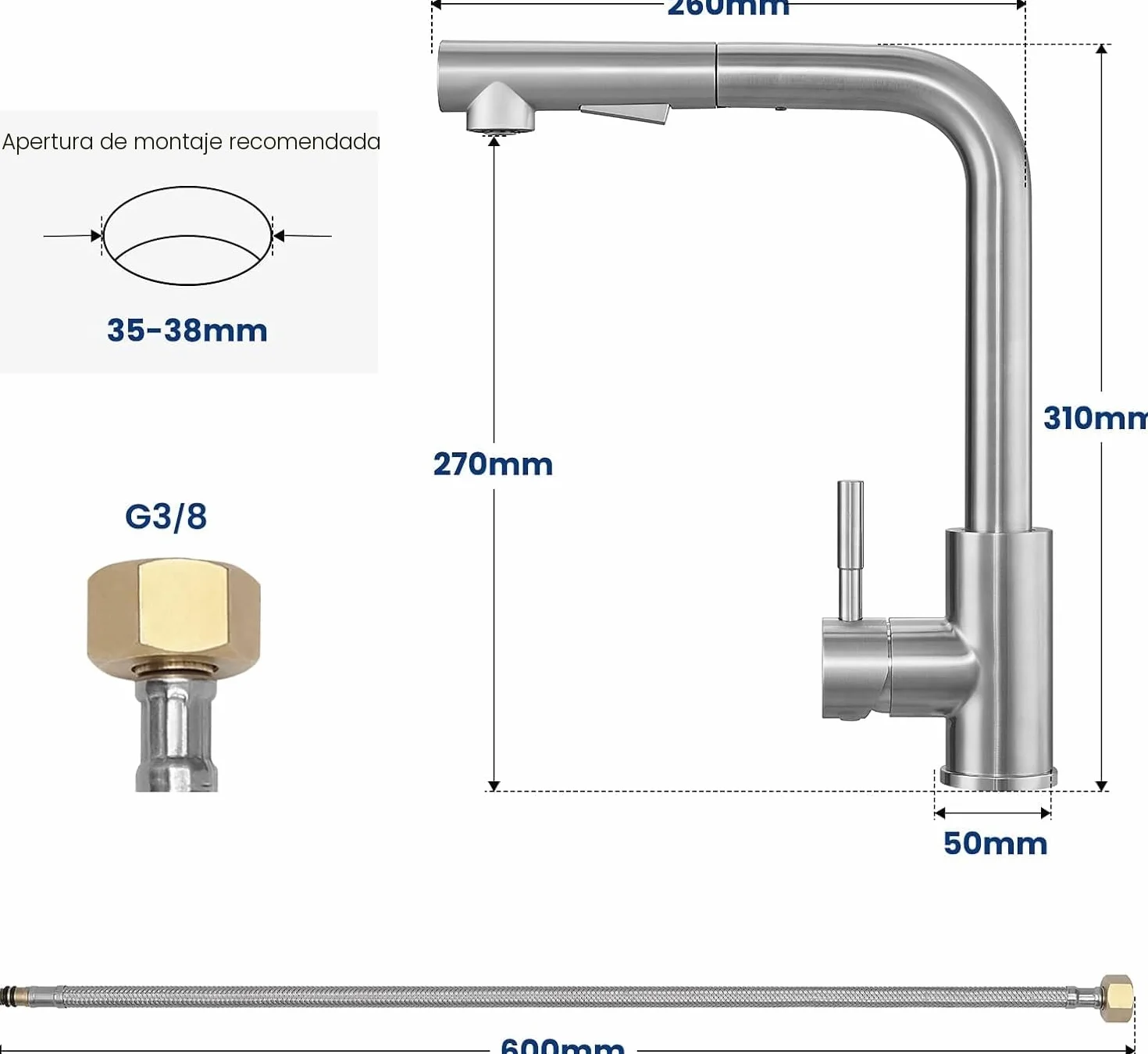 CECIPA Fregadero de Cocina de Acero Inoxidable 40 x 45 cm + Grifo de Cocina Extensible Juego Completo de Fregadero Cuadrado Integrado para Base de Armario 40 cm