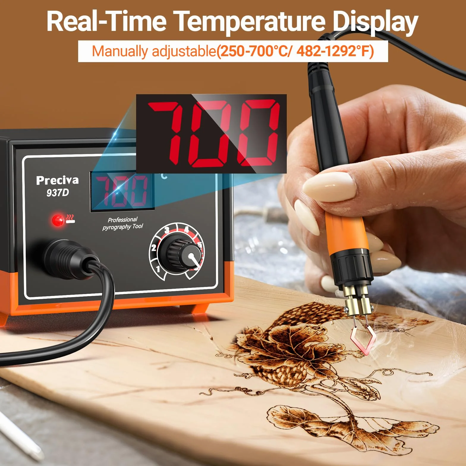 Preciva Pirograbador de Madera 25W 250-700°C con Pantalla Digital, Temperatura Ajustable, 20 Puntas Intercambiables, Estación de Pirograbado, Pirografo para Madera, para Madera y Cuero DIY
