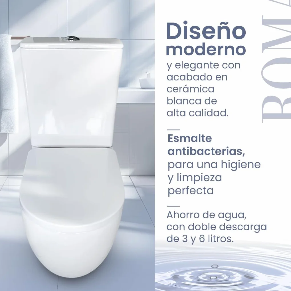 Inodoro Completo - WC Inodoro Completo con Sistema Rimless Antibacterias - Vater Baño con Tapa Dura Extrafina Amortiguada - Salida Dual Eficiente con Ahorro de Agua - WC para Hogar Blanco