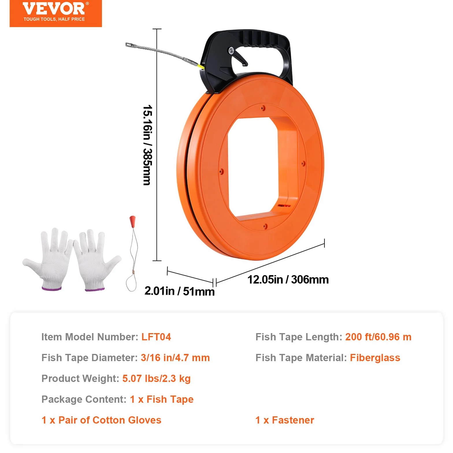VEVOR Cinta de Pesca de 60,96 m, Diámetro de 4,7 mm, Extractor de Cables de Fibra de Vidrio con Carcasa y Mango, Herramienta Extractora de Cables para Paredes y Conductos Eléctricos, no Conductor