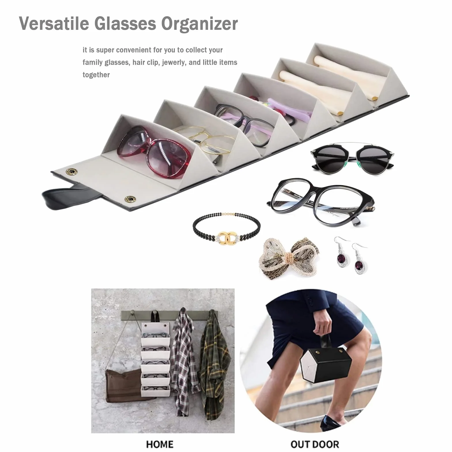 Estuche organizador de gafas de sol viaje 6 ranuras cuero PU plegable colgante Negro