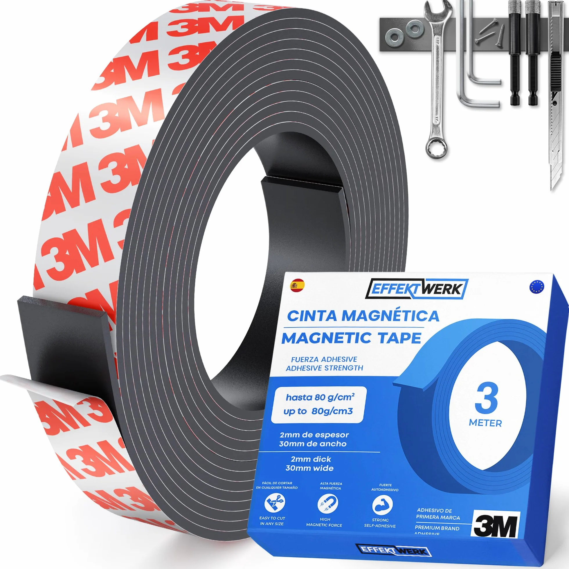 Rollo de cinta magnética - 3 metros de largo, 30 mm de ancho - Bandas magnéticas con fuerte respaldo autoadhesivo - Fácil de cortar y pegar a superficies planas