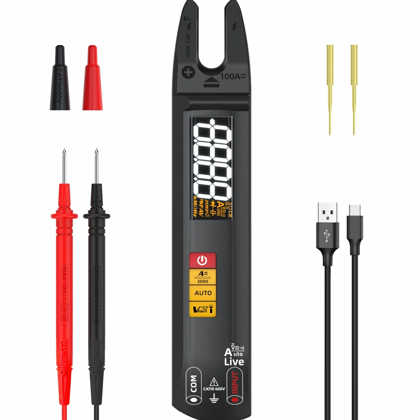 BSIDE U0 Mini Multímetro Digital Pinza Amperimétrica Abierta Totalmente Automático Medidor de Corriente Voltaje AC DC Resistencia y Continuidad Detector de Fase Recargable con Sonda de prueba