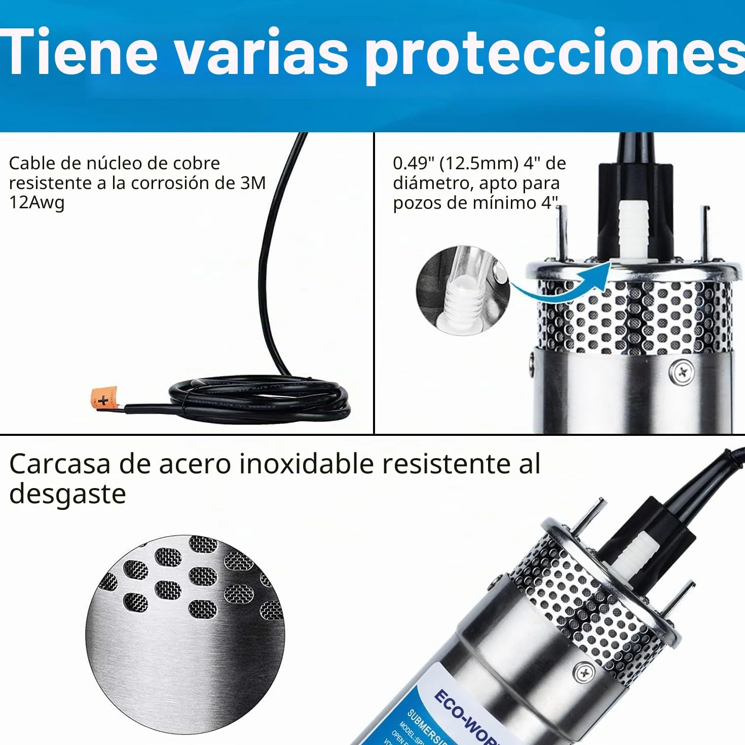 DCHOUSE Bomba Sumergible Acero Inoxidable 12V 230 Pies Elevación 100 Piles Pozo Profundo Agua Solar