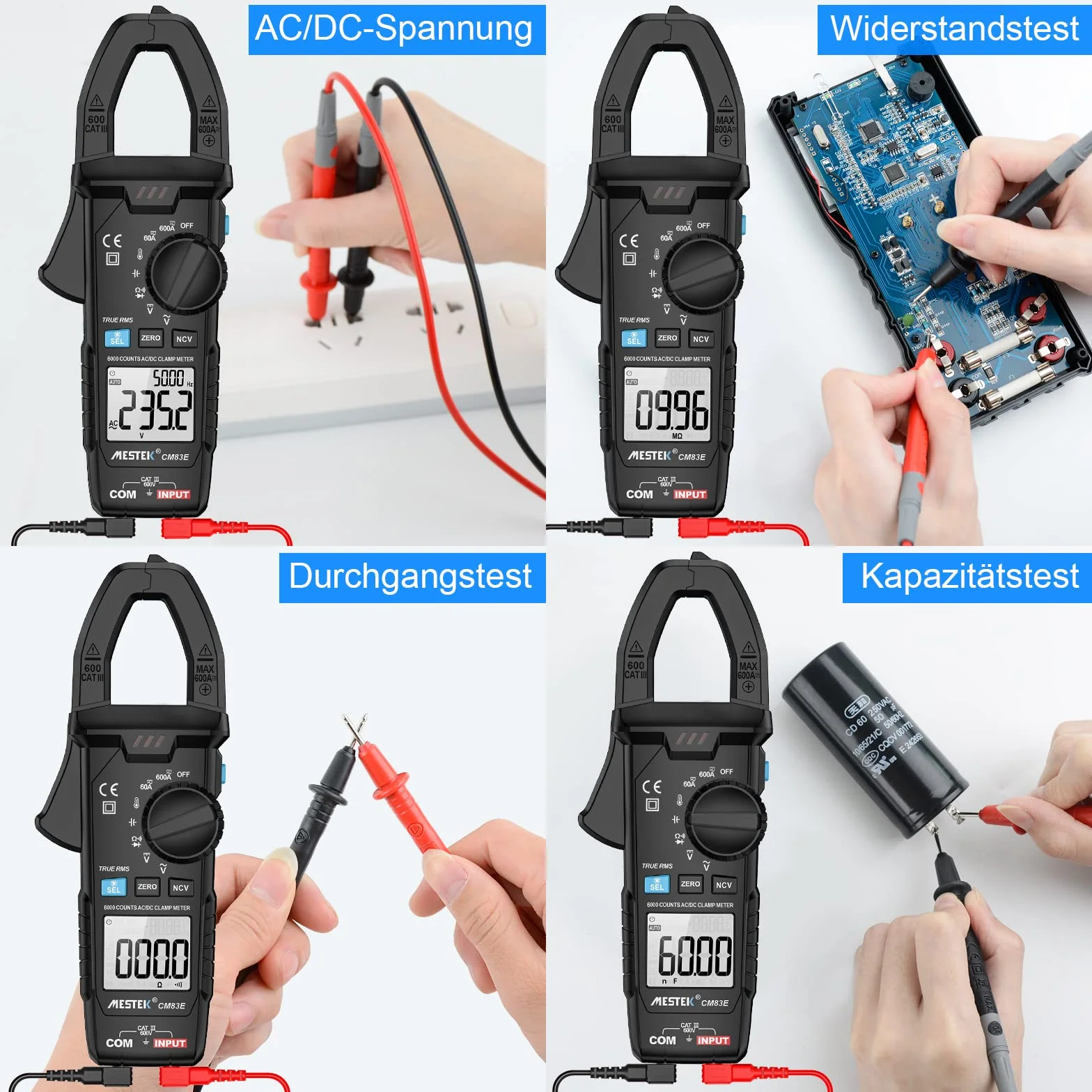 Pinza Amperimetrica Multimetro MESTEK Polimetro Digital Profesional Clamp Meter AC DC Corriente Voltaje CA/CC T-RMS Amperímetro Autorango Resistencia/Frecuencia/Temperatura Bateria NCV VFC 6000Cuentas