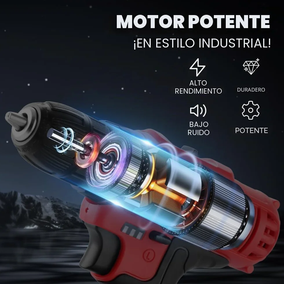 Taladro atornillador inalámbrico TEENO 21V, equipado con 1 batería de 1,5Ah, par de 35Nm, ajuste de 18+1 niveles, 2 velocidades y luz LED, ideal para proyectos de bricolaje.