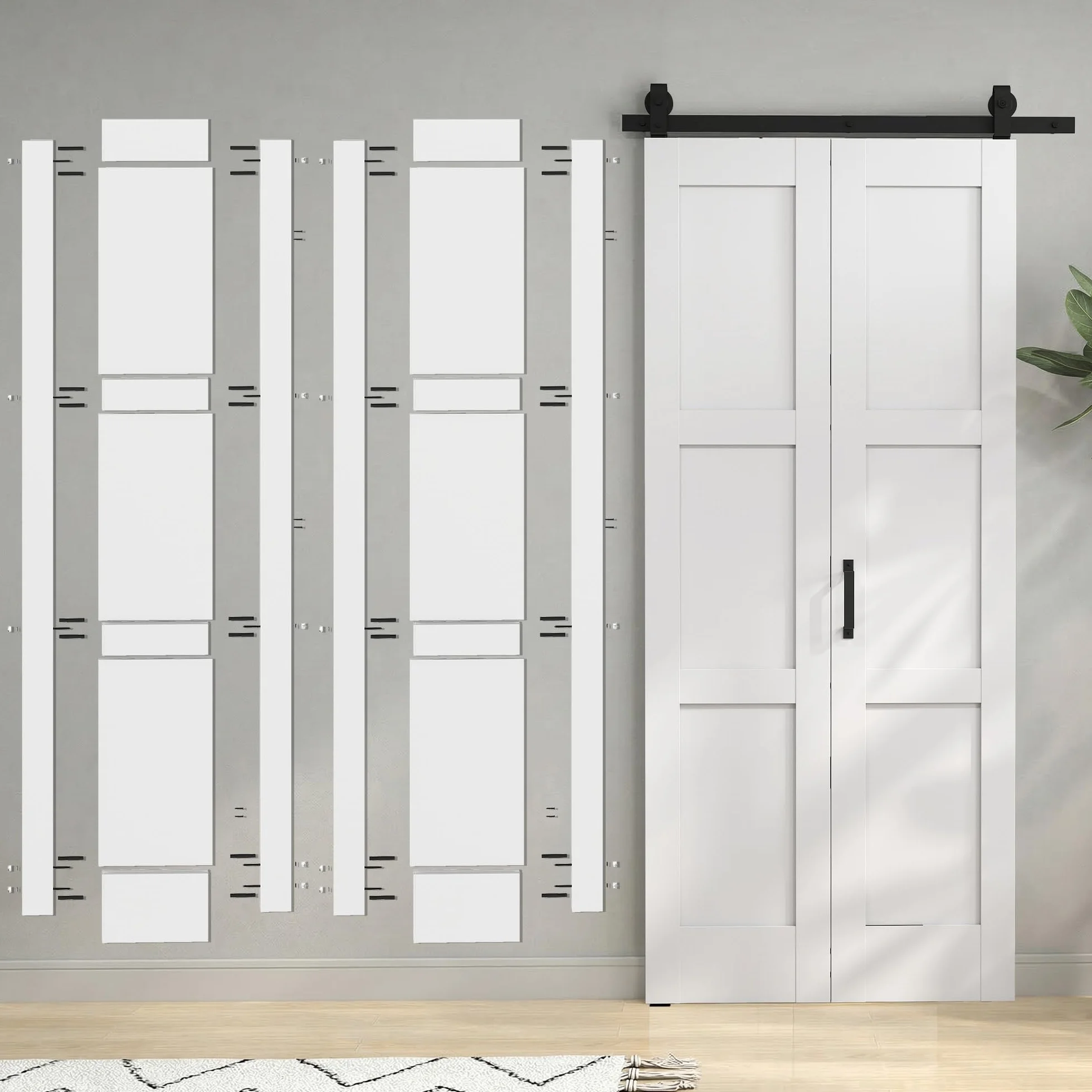 HOMCOM Puerta Corredera Plegable con Herrajes 91,4x213,4 cm, Puerta Corredera Interior con Rodillo, Riel de Acero, Guía de Suelo, Manija, para Baño, Salón, Sala de Estar, Blanco