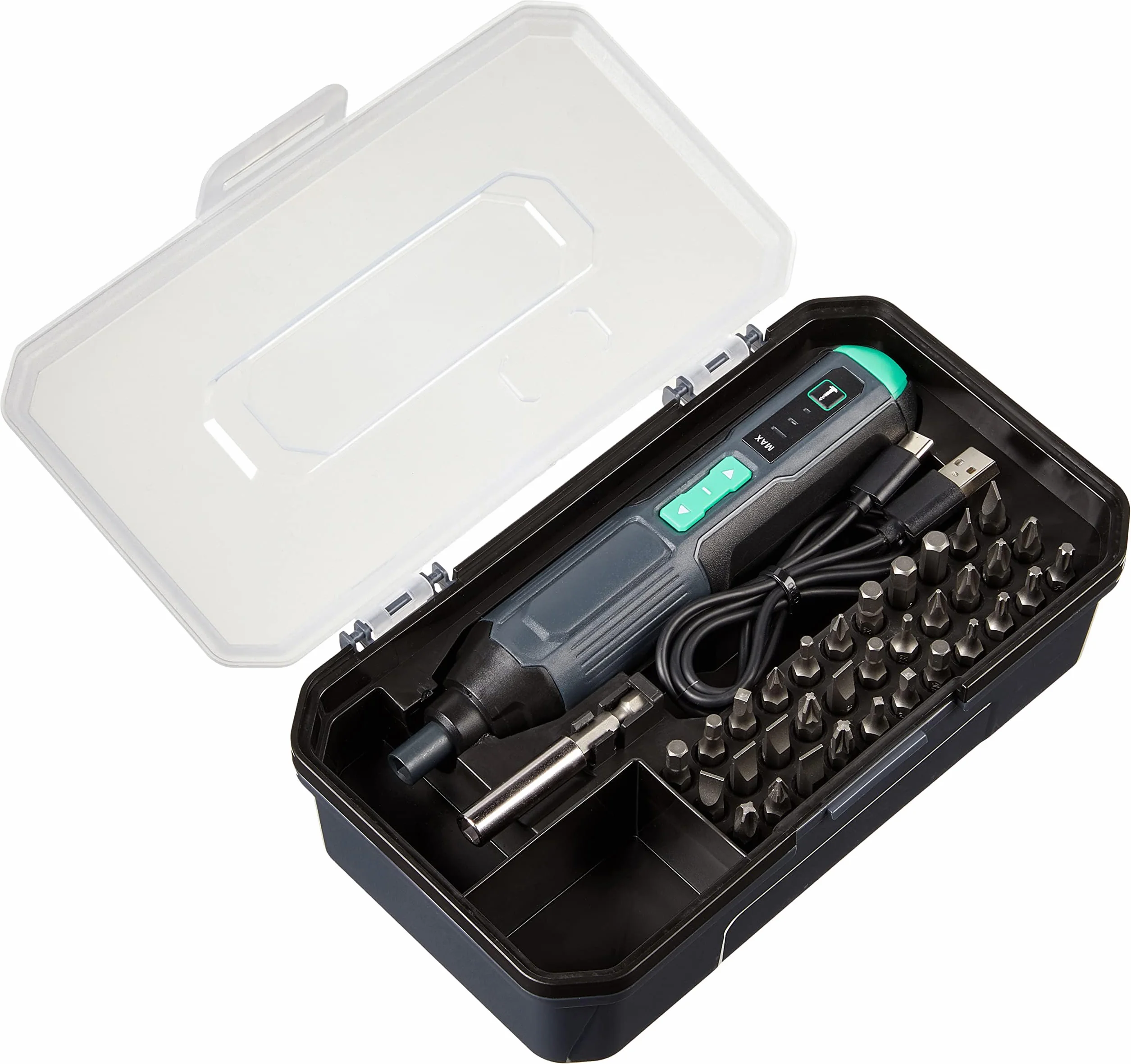 Amazon Basics by SKIL - Destornillador eléctrico de precisión, recargable, 3,6 V (4 V máx.), inalámbrico, con juego de 34 puntas, funda de transporte y cable USB