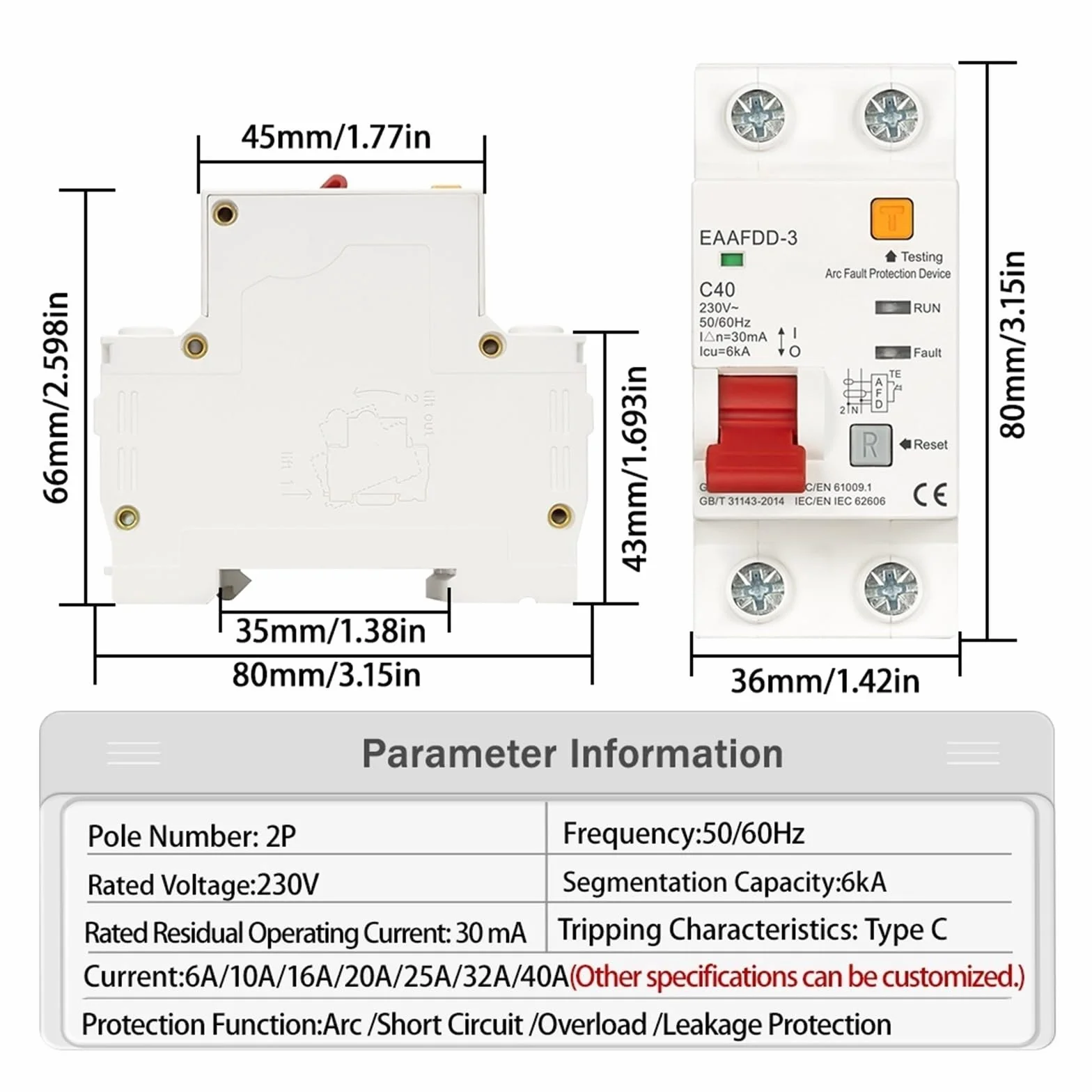 Dispositivo Protector De Fallas De Arco 2P 40A AFDD AFCI, Disyuntor RCBO MCB, Sobrecarga Interrumpida, Protección Contra Cortocircuitos Y Fugas A Tierra
