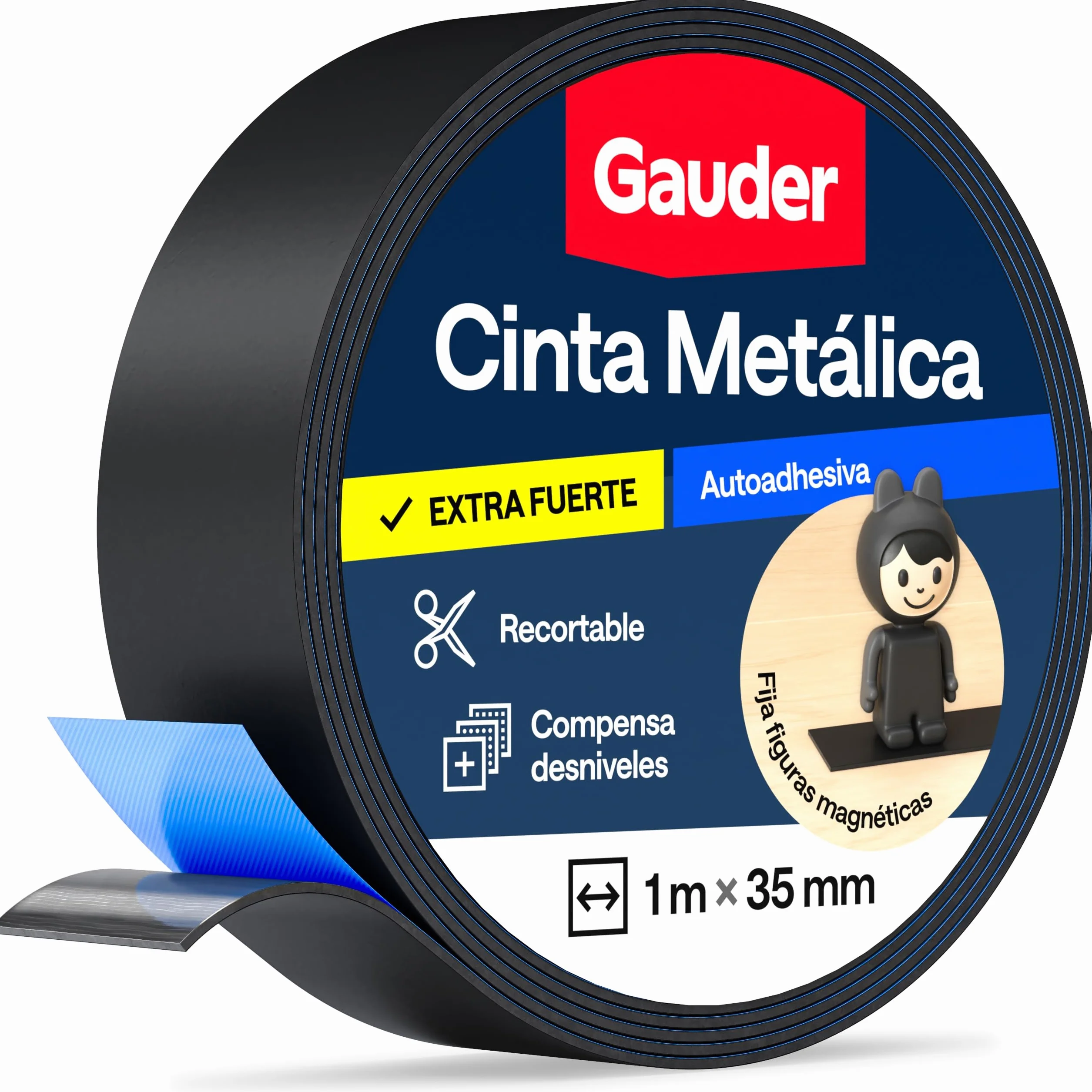 GAUDER Cinta metálica autoadhesiva - Banda magnética para imanes y Figuras Tonie® & estanterías - Cinta ferrosa & banda de hierro para manualidades y organización (1 m x 35 mm - negro)