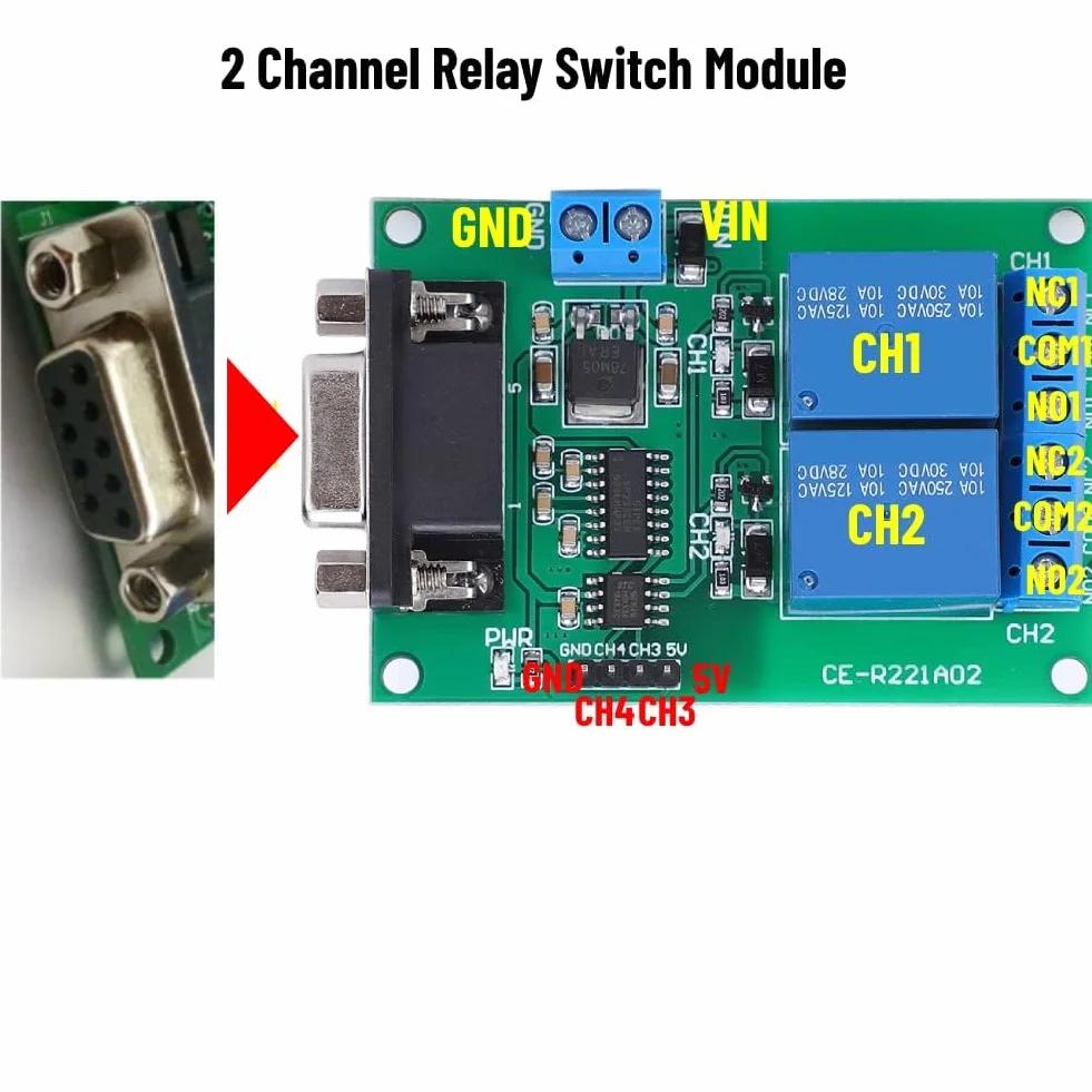 Módulo Relé DC 12V 2 Canales con Interfaz DB9 Protocolo UART RS232 Placa de Control Remoto para Circuito