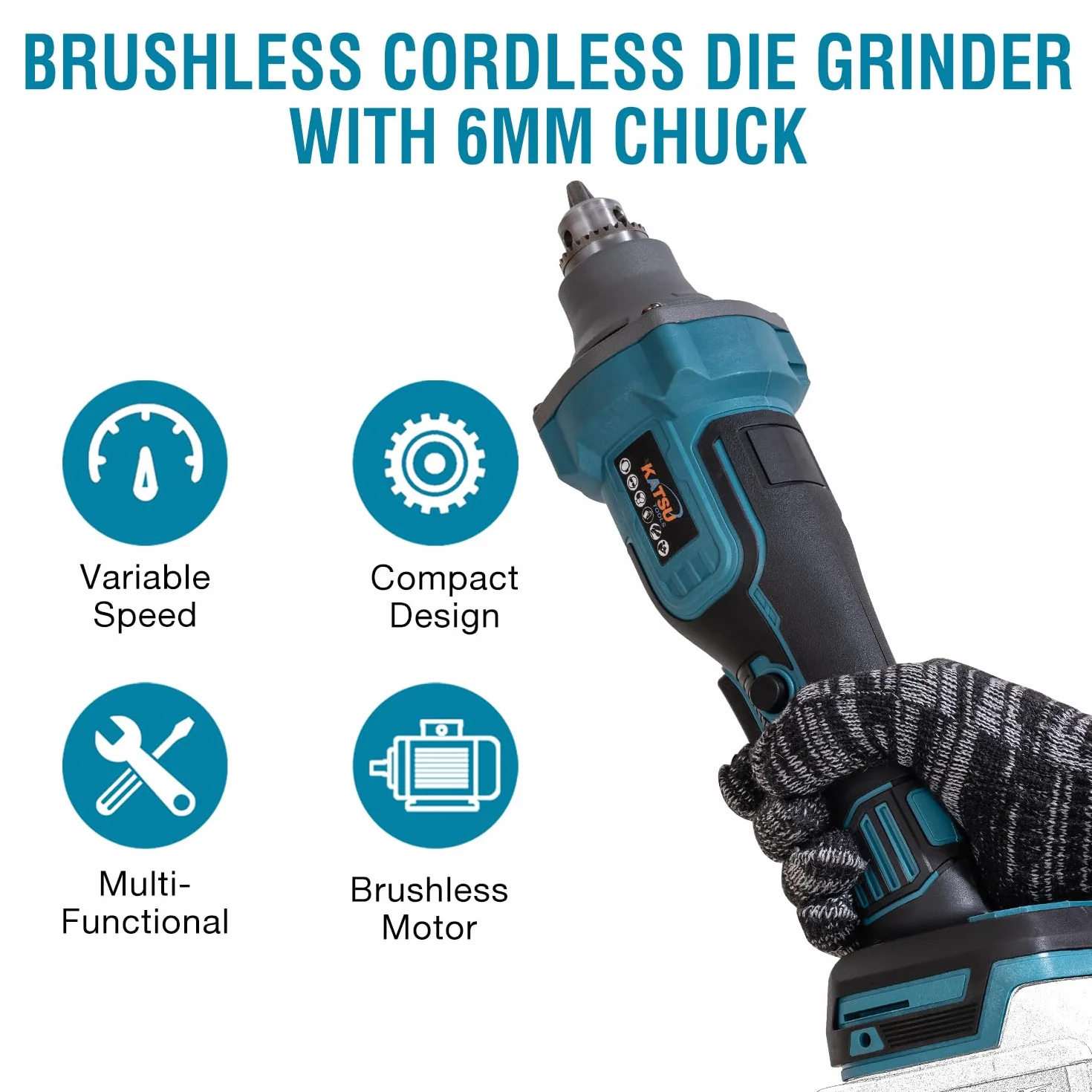 KATSU FIT-BAT 21V Brushless Amoladora Recta a Batería sin Escobillas, 6mm Portafresas, 4 Velocidades Variables y Interruptor de Seguridad, sin Batería ni Cargador 102324