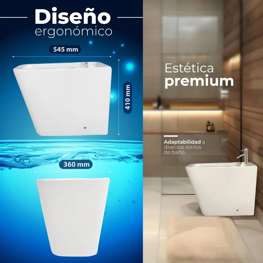 INODORO Completo con BIDET, Inodoro y Bidet Blanco, Pack Wc Inodoro, Retrete con Bidet para Hogar, Sistema Rimless Antibacterias, Tapa Dura Extrafina Amortiguada, Salida Dual