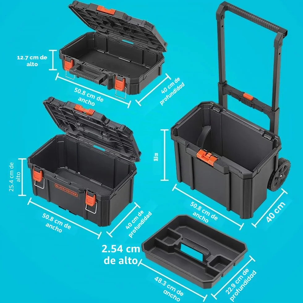 beyond Sistema de almacenamiento apilable BLACK+DECKER BLACK+DECKER BDST60500APB - Juego de 3 piezas (caja de herramientas pequeña, profunda y bolsa rodante)