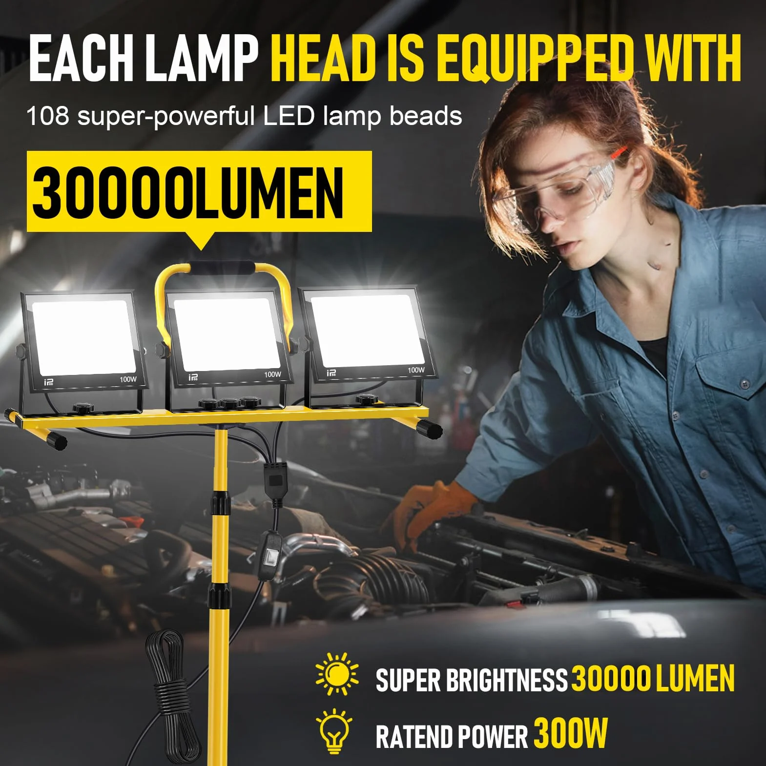 Foco de Trabajo LED 300W con Trípode Telescópico, 30000LM 6500K Foco de Trabajo LED con Enchufe Cable de 3m, Rotación de 360°, IP66 Impermeable Luz de Trabajo para Taller, Obras, Garaje