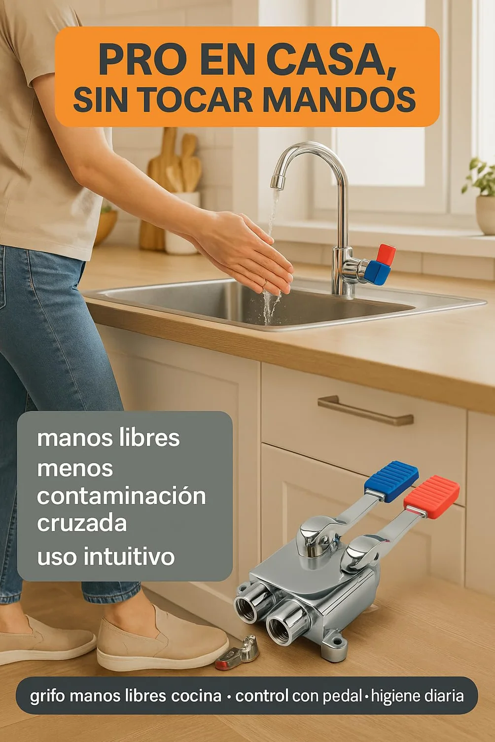 RO Linea Blanca Grifo Pedal Doble Mezclador Para Fregadero Acero Inoxidable Agua Fria Y Caliente Montaje En Suelo
