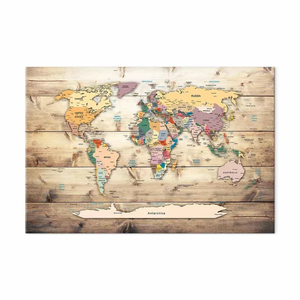 murando - Mapamundi con tablero para clavar chinchetas 120x80 cm - Cuadro en Lienzo sintético - 1 parte - Panel de Fibra - Mapa del Mundo Continente - viajes geografia Vintage k-C-0077-v-a