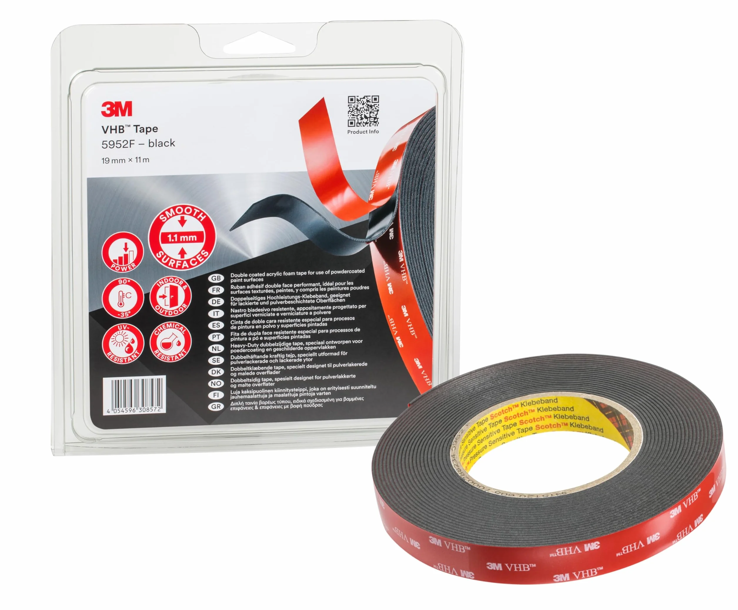 3M VHB Cinta Adhesiva 5952F - óptima adhesión a la mayoría de las pinturas en polvo, metales, vidrio, madera sellada, acrílico, policarbonato, ABS - 19mm X 11m, negro, espesor: 1.1mm (1 unidad)