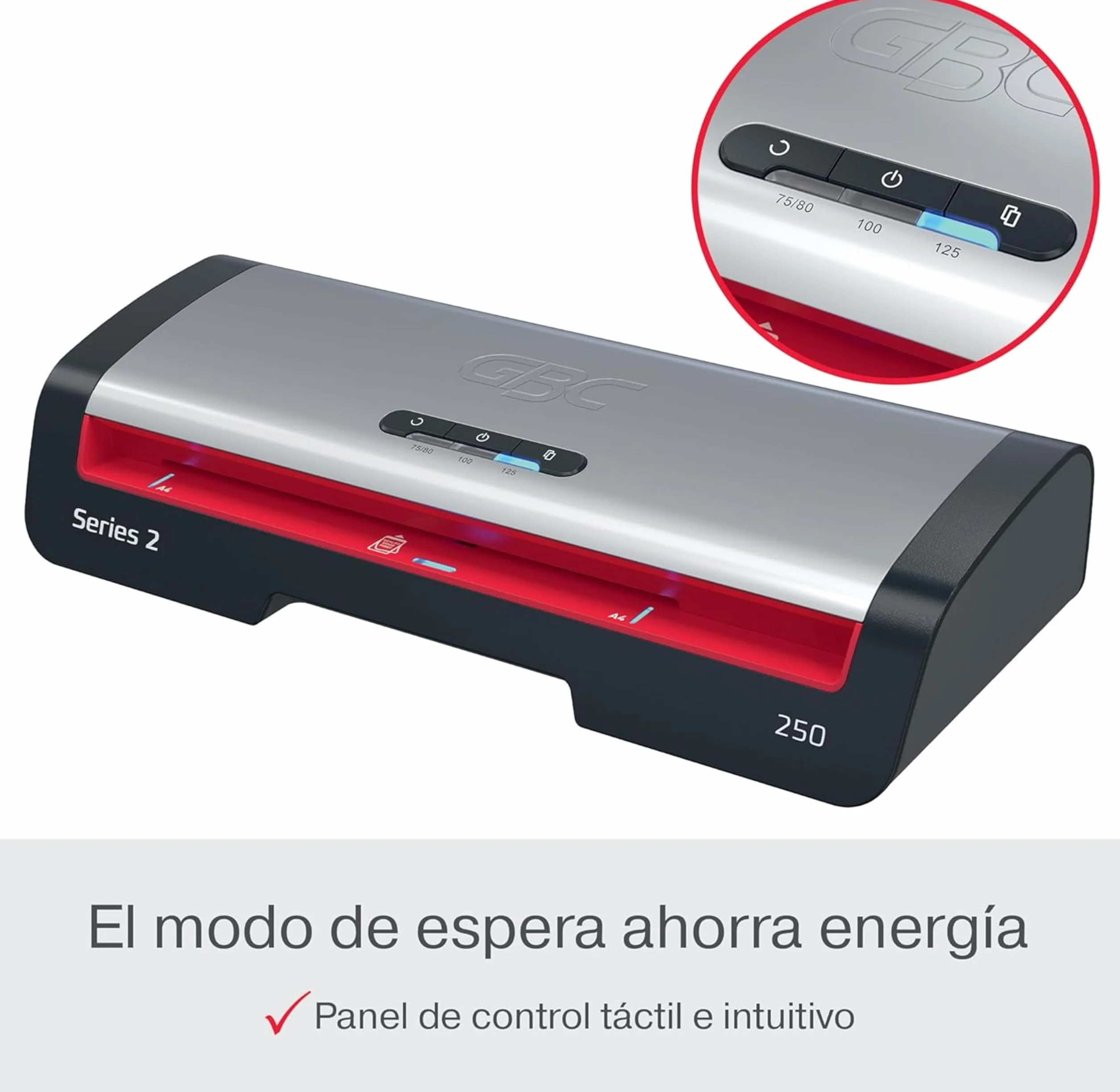 GBC 4410070EU - Plastificadora 250 Office A4, Calentamiento Rápido 1 Minuto, 75-125 Micras, LED de Guía de Entrada, Antiatascos, Apagado Automático, Incluye 5 Fundas de Plastificación A4, Negro/Rojo