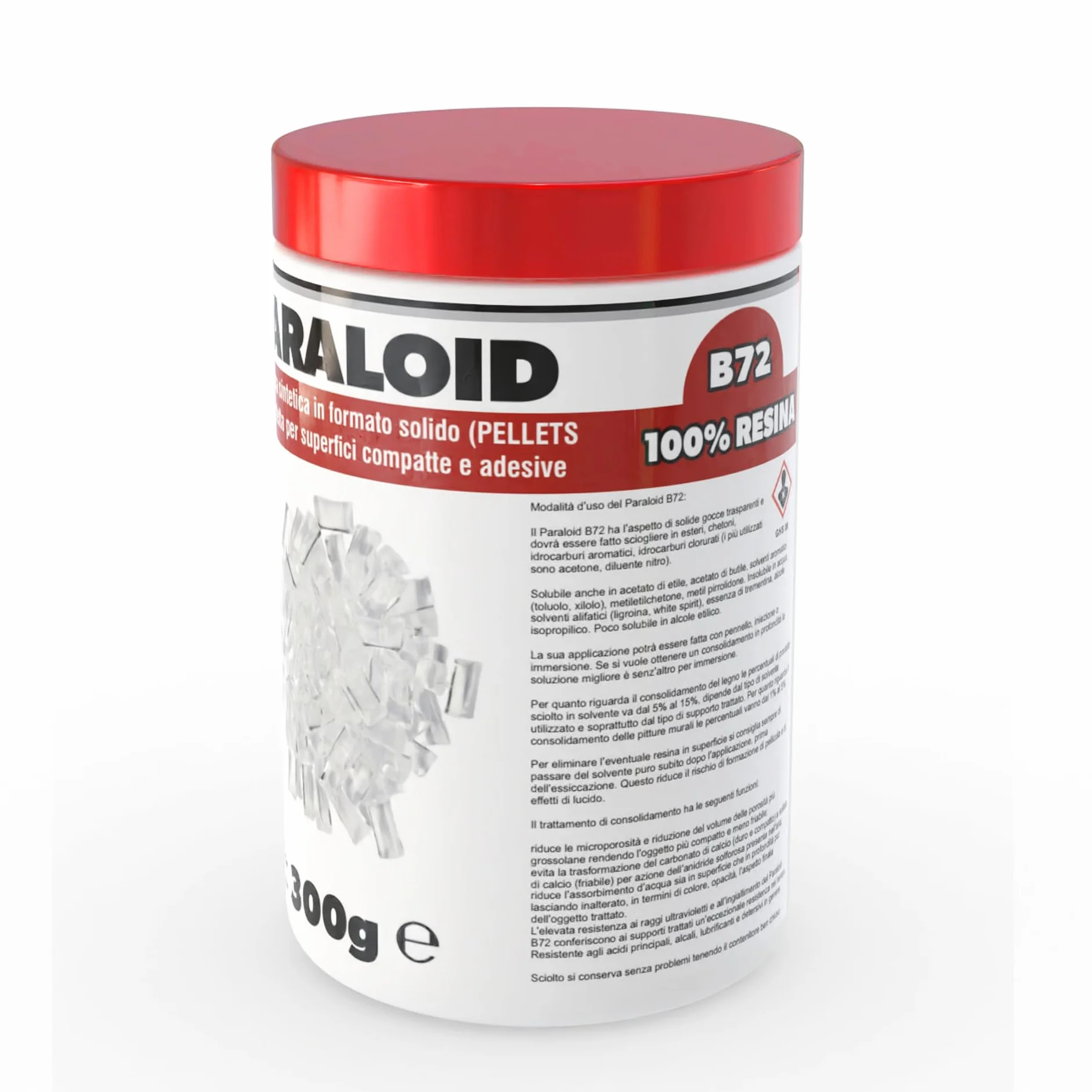 Paraloid B72, resina acrílica 100% sólida, reduce la microporosidad y refuerza y limita la absorción de agua. (300 gramos)