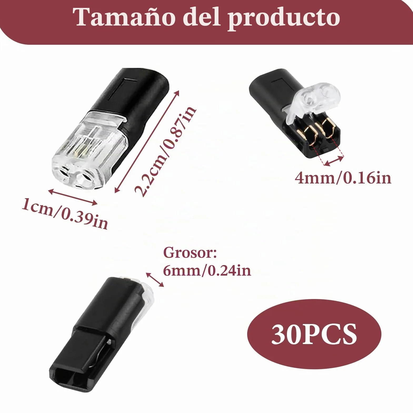 Conectores Eléctricos Rápidos 2 Pines 18-22 AWG, 30 Piezas, para Hogar y Automoción