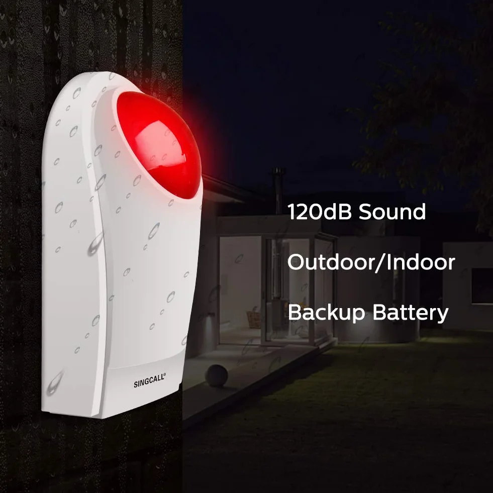 SINGCALL Sistemas de Alarma inalámbricos Sirena Exterior inalámbrica Alarma antirrobo con luz estroboscópica roja de Alerta SOS para Tienda Hogar Hotel Joyería Seguridad, 1 Sirena 2 Botones remotos