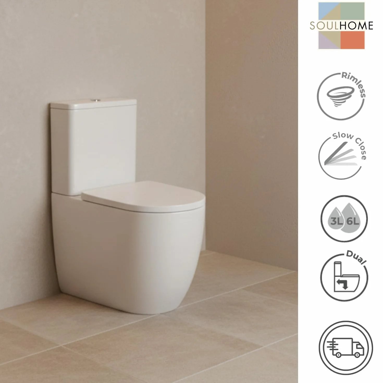 SOULHOME Pack Inodoro Completo Rimless Curvo Blanco Brillo | Tapa Amortiguada | Salida Horizontal/Vertical | Doble Descarga Eco | Pulsador Cromo