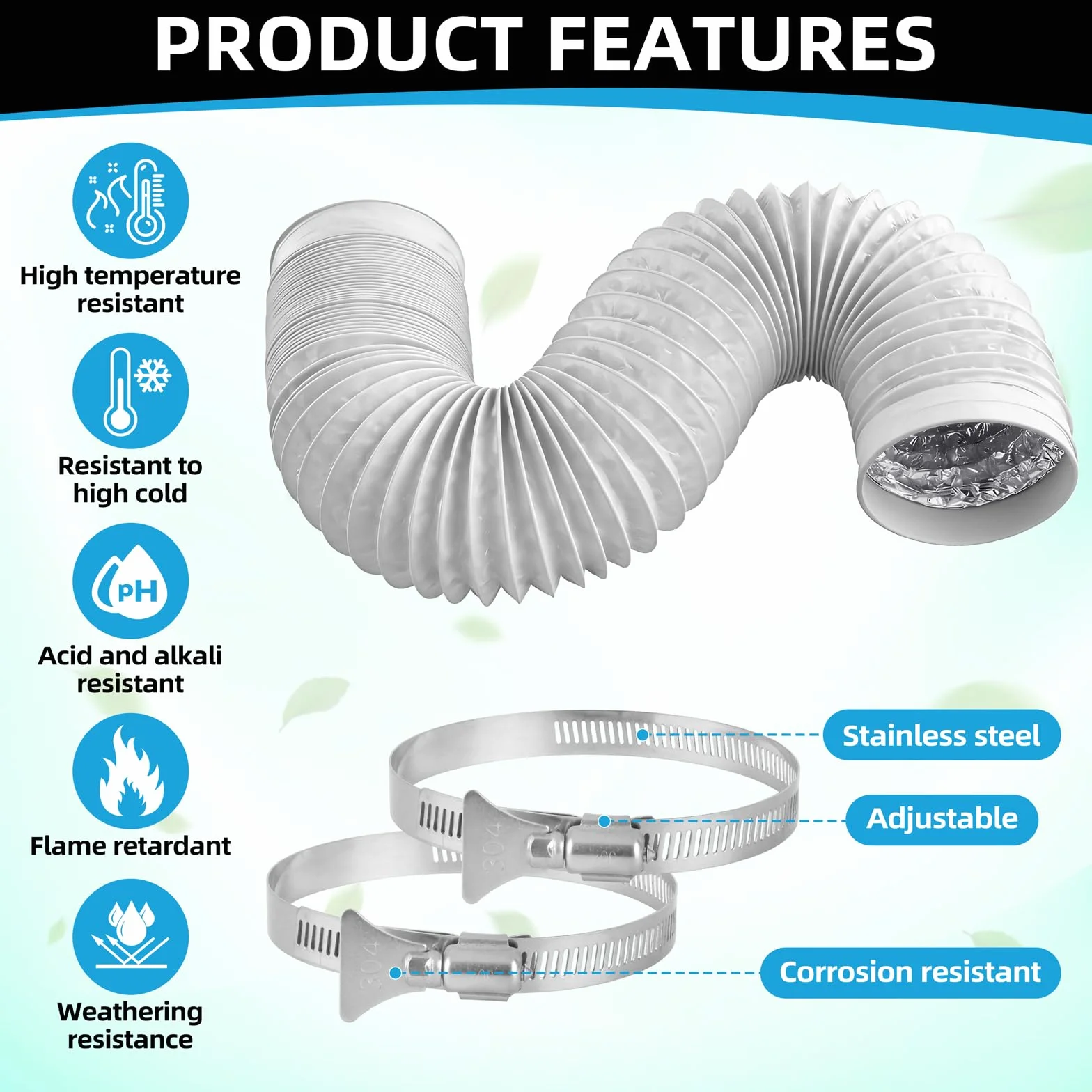 Tubo Flexible Campana Extractora de 100mm: 2m Manguera de Ventilación de Aluminio y PVC, Tubo Flexible de Salida de Aire con 2 Abrazaderas de Acero Inoxidable para Climatización Secadora (Blanco)