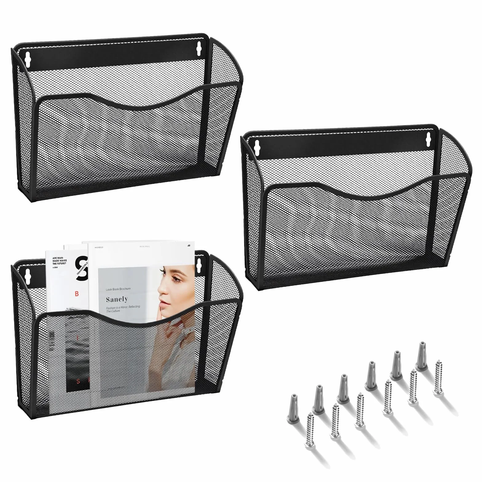 AGPTEK Archivador Montable en Pared Paquete de 3, Archivador Organizador Malla Metálica Negro