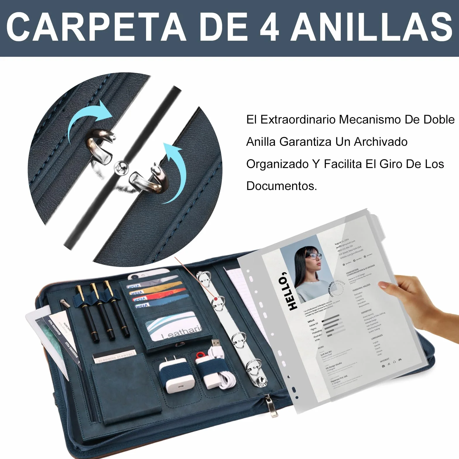 Carpeta A4 de Piel Vegana Leathario, Cuaderno Porta Documentos con Encuadernación de Anillos