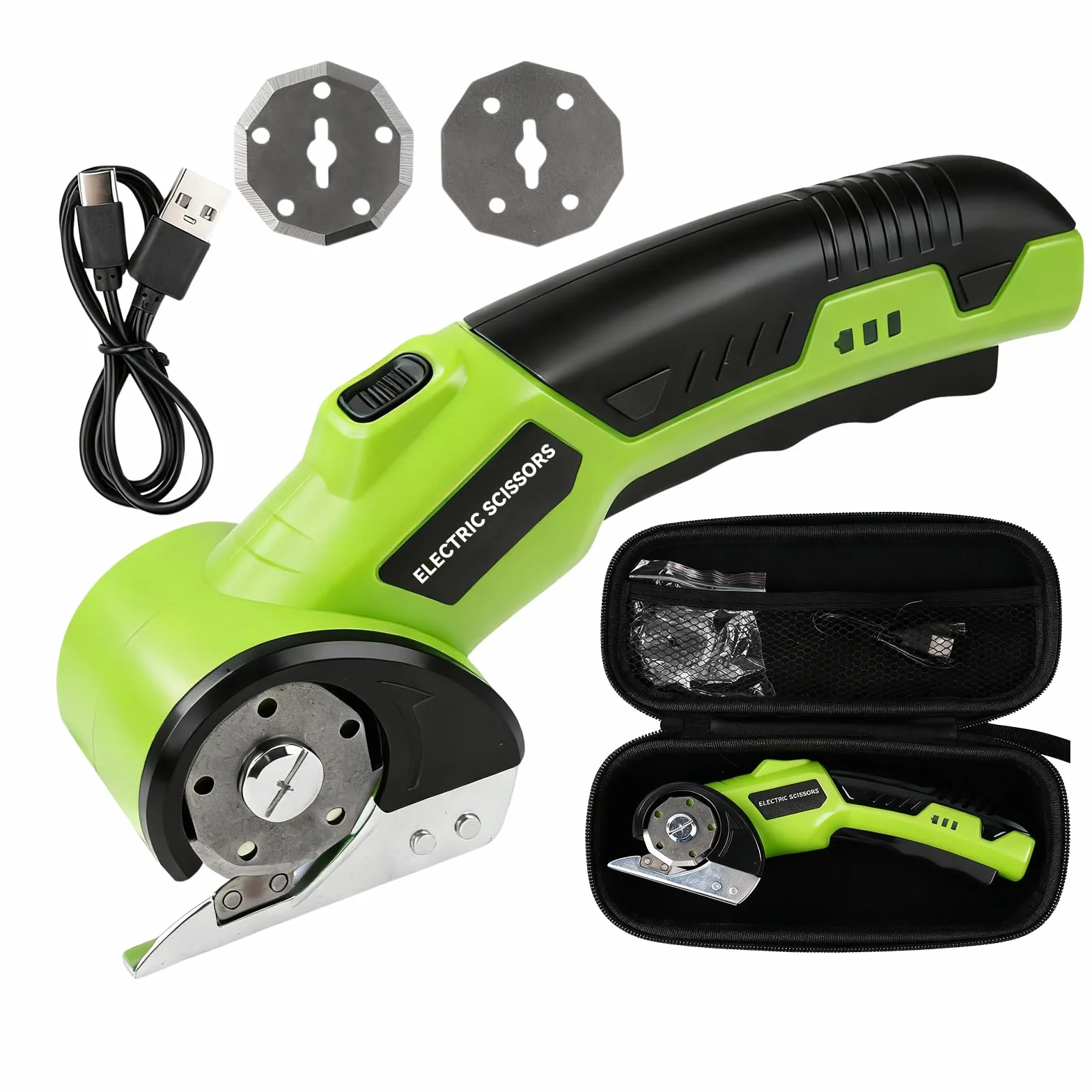 Cortadora de Tijera Eléctrica Inalámbrica, 4,2V Recargable Tijeras Electrica Costura con batería de 2000 mAh y 2 cuchillas para papel, cartón, alfombra, cuero, fieltro